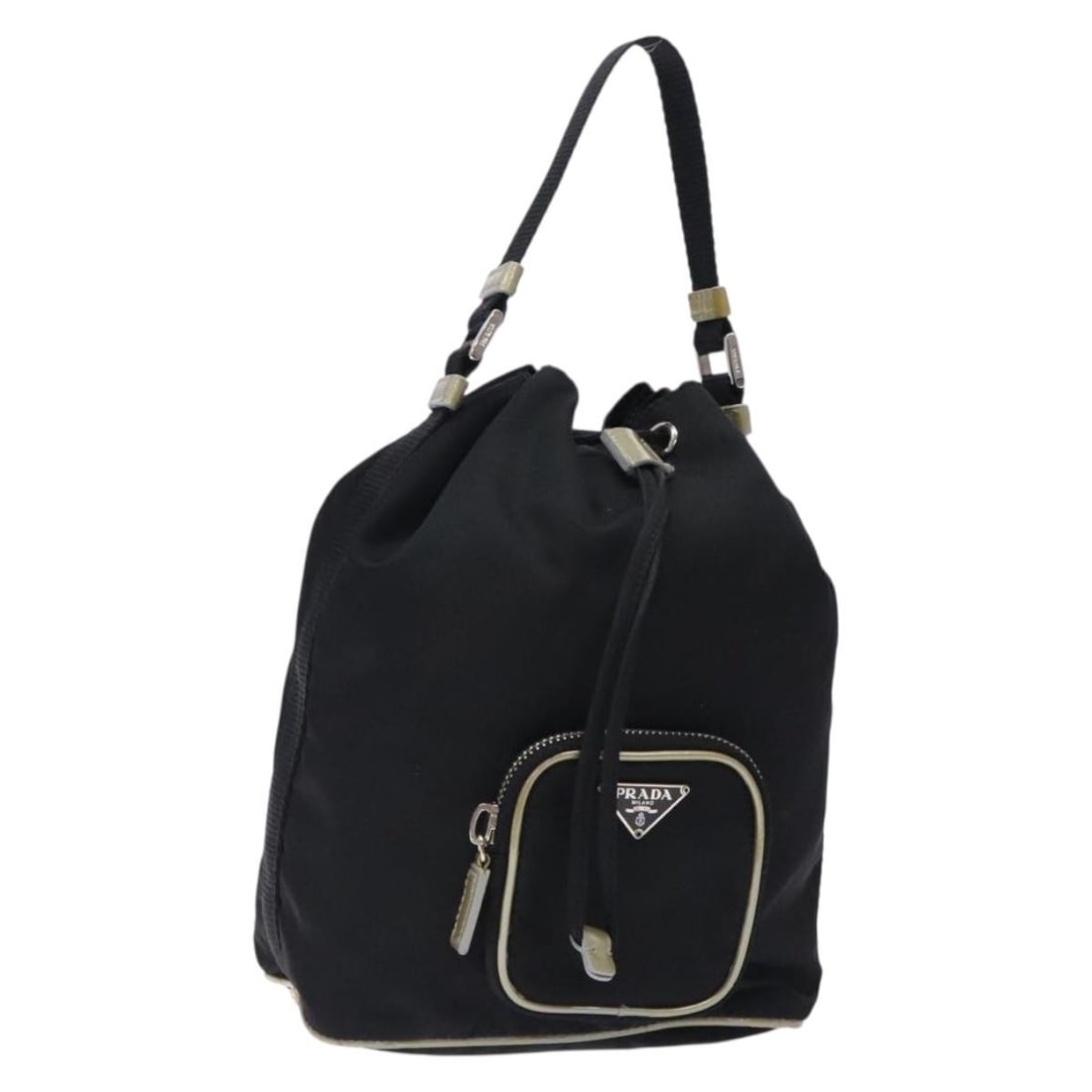 PRADA Black Nylon Hand Bag Silver Tone Made in Italy: PRADA Black Nylon Hand Bag Silver Tone Made in Italy Prada women's nylon handbag in black and silver, made in Italy. This heavily used bag is offered without the original box or dust bag; only the ite
