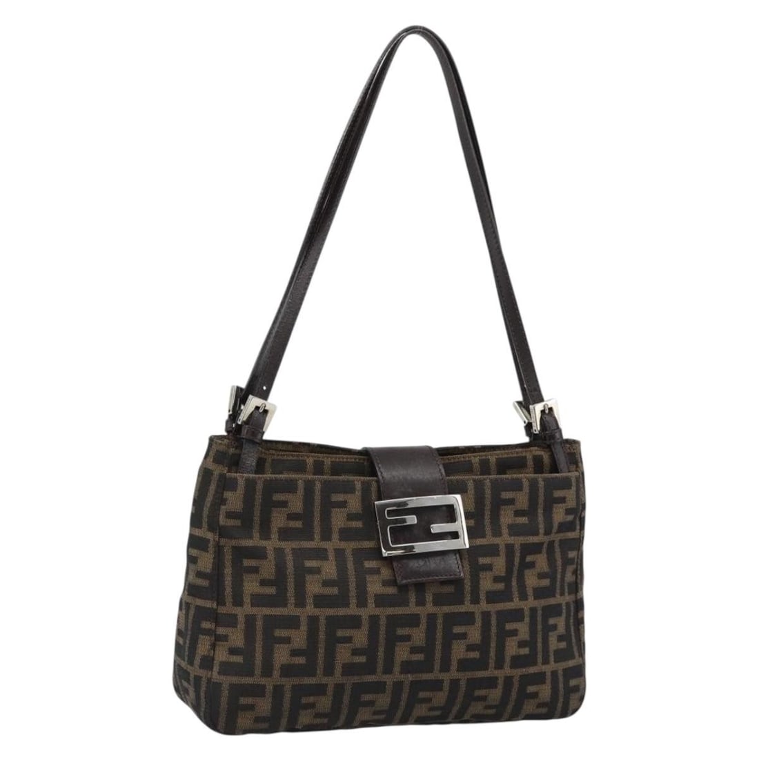 FENDI Mamma Baguette Tote Bag in Black Brown Zucca Canvas: FENDI Mamma Baguette Tote Bag in Black Brown Zucca Canvas Fendi Mamma Baguette tote bag in Zucca canvas with a black and brown exterior. Made in Italy, this women's bag features a handle drop of appro