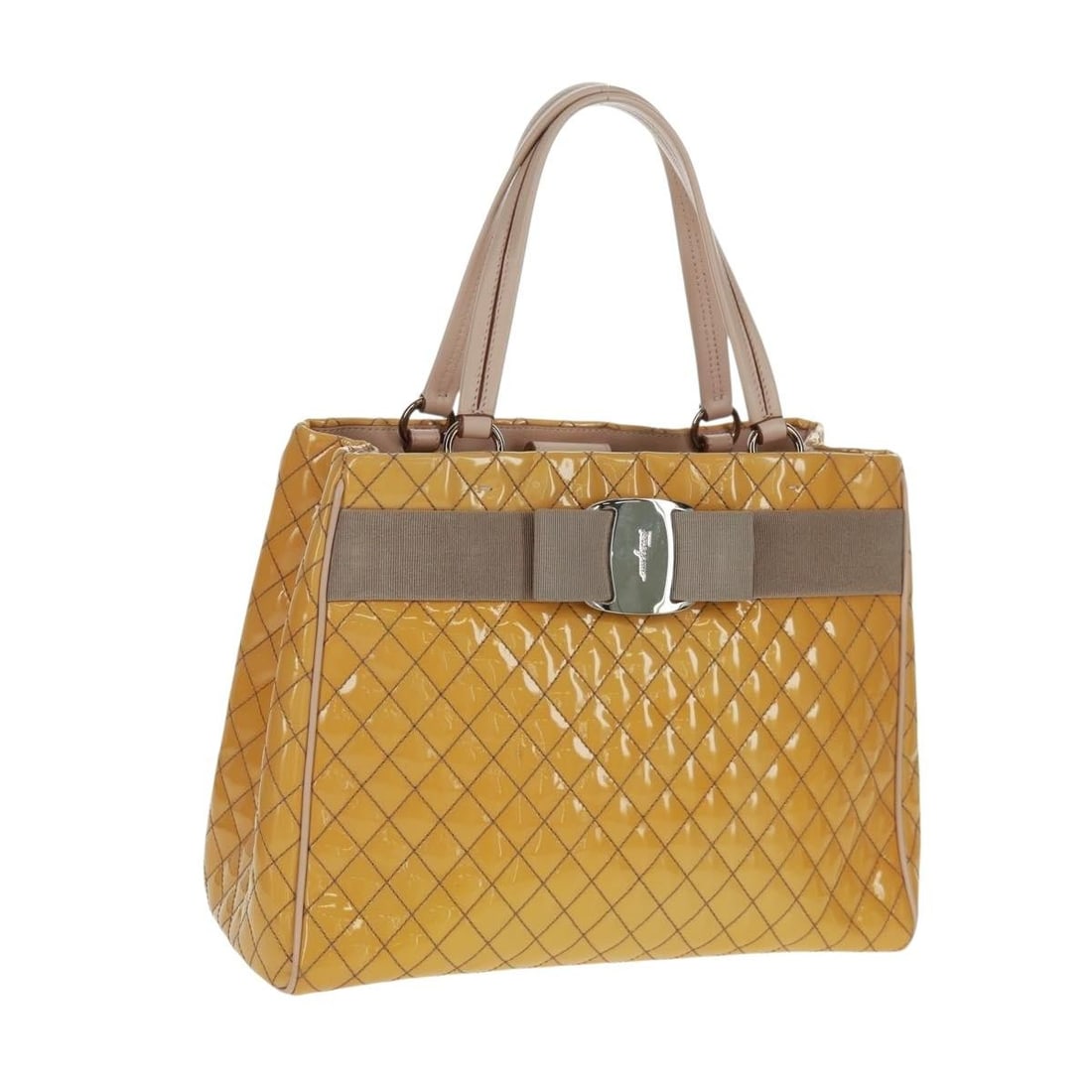 Salvatore Ferragamo Yellow Silver Patent Leather Handbag Italy: Salvatore Ferragamo Yellow Silver Patent Leather Handbag Italy This Salvatore Ferragamo handbag is crafted from patent leather in a striking yellow and silver color combination. Made in Italy, it feat