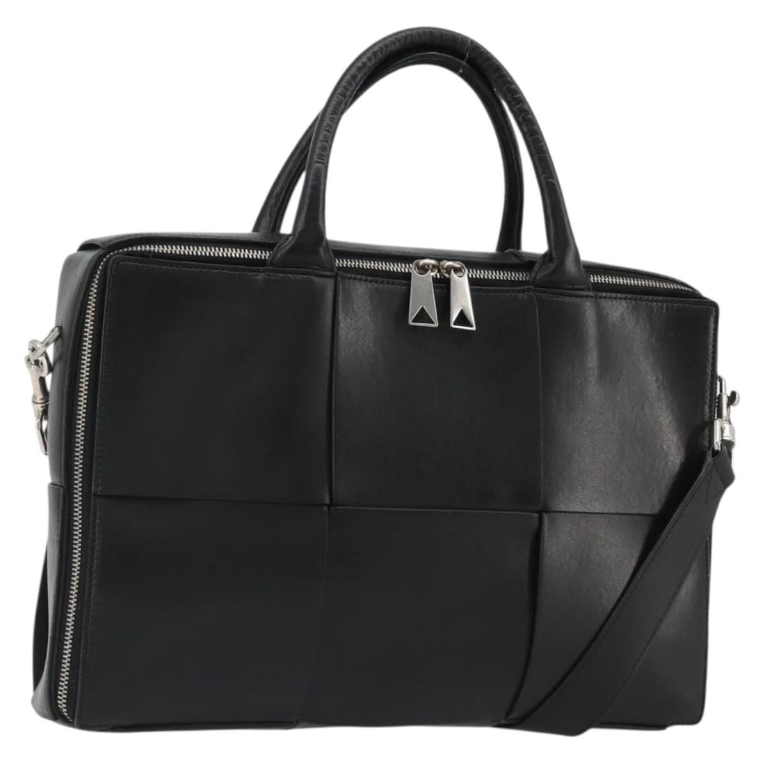 Bottega Veneta Maxi Intrecciato 2way Leather Bag Black Silver: Bottega Veneta Maxi Intrecciato 2way Leather Bag Black Silver Bottega Veneta Maxi Intrecciato 2-way business bag in black leather with silver-tone accents. Made in Italy, this women's bag includes a s