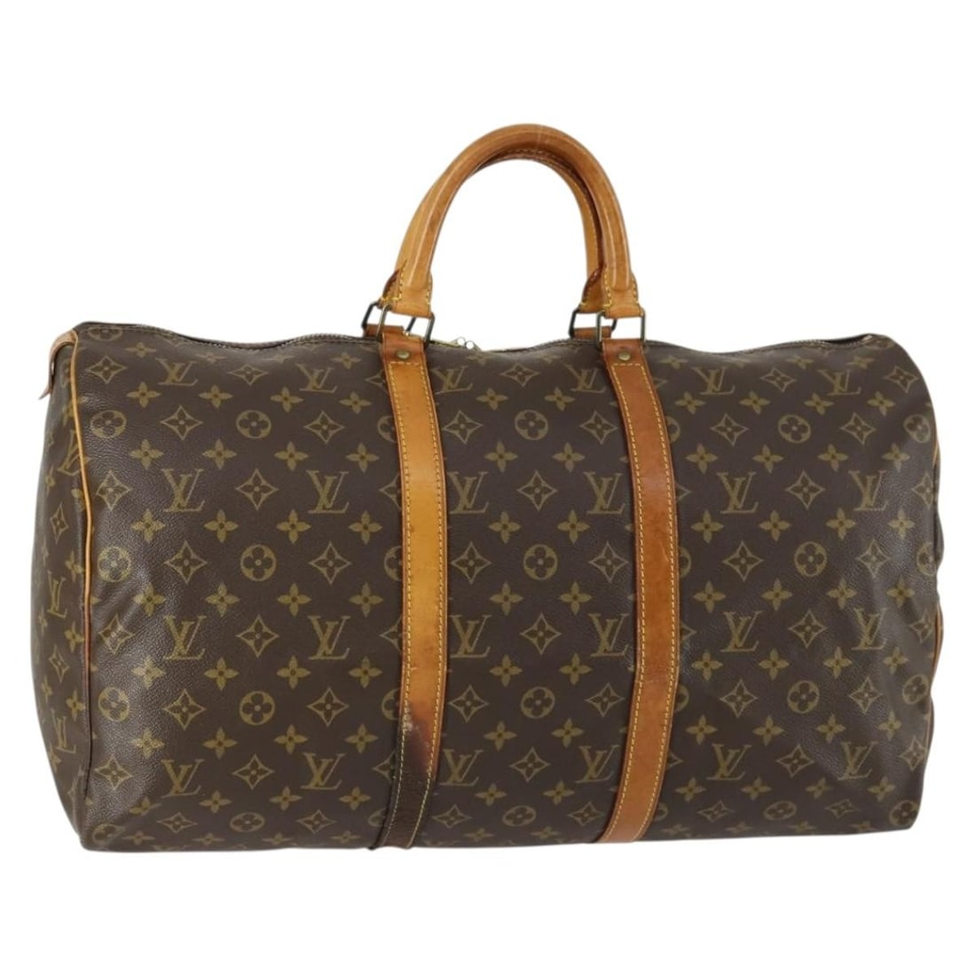 Louis Vuitton Keepall 50 Monogram Canvas Boston Bag M41426: Louis Vuitton Keepall 50 Monogram Canvas Boston Bag M41426 Louis Vuitton Keepall 50 Boston bag in Monogram canvas. This pre-owned bag is heavily used and shows noticeable wear throughout, including an