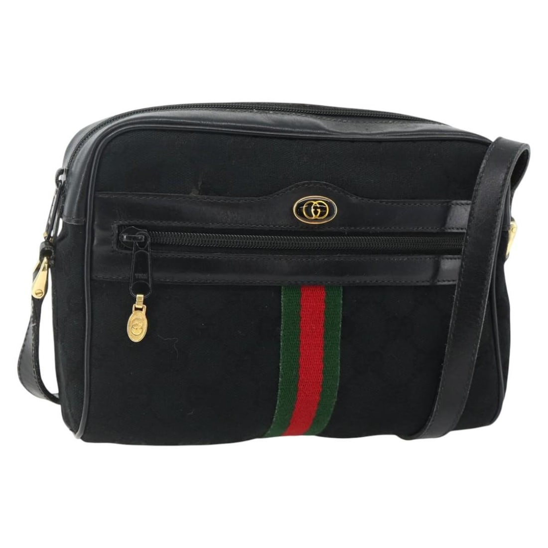 Gucci 010 378 Sherry Line GG Canvas Shoulder Bag Black Red Gold: Gucci 010 378 Sherry Line GG Canvas Shoulder Bag Black Red Gold Gucci shoulder bag from the GG Canvas Web Sherry Line in black, gold, and red. Made in Italy, this women's bag features GG canvas constr