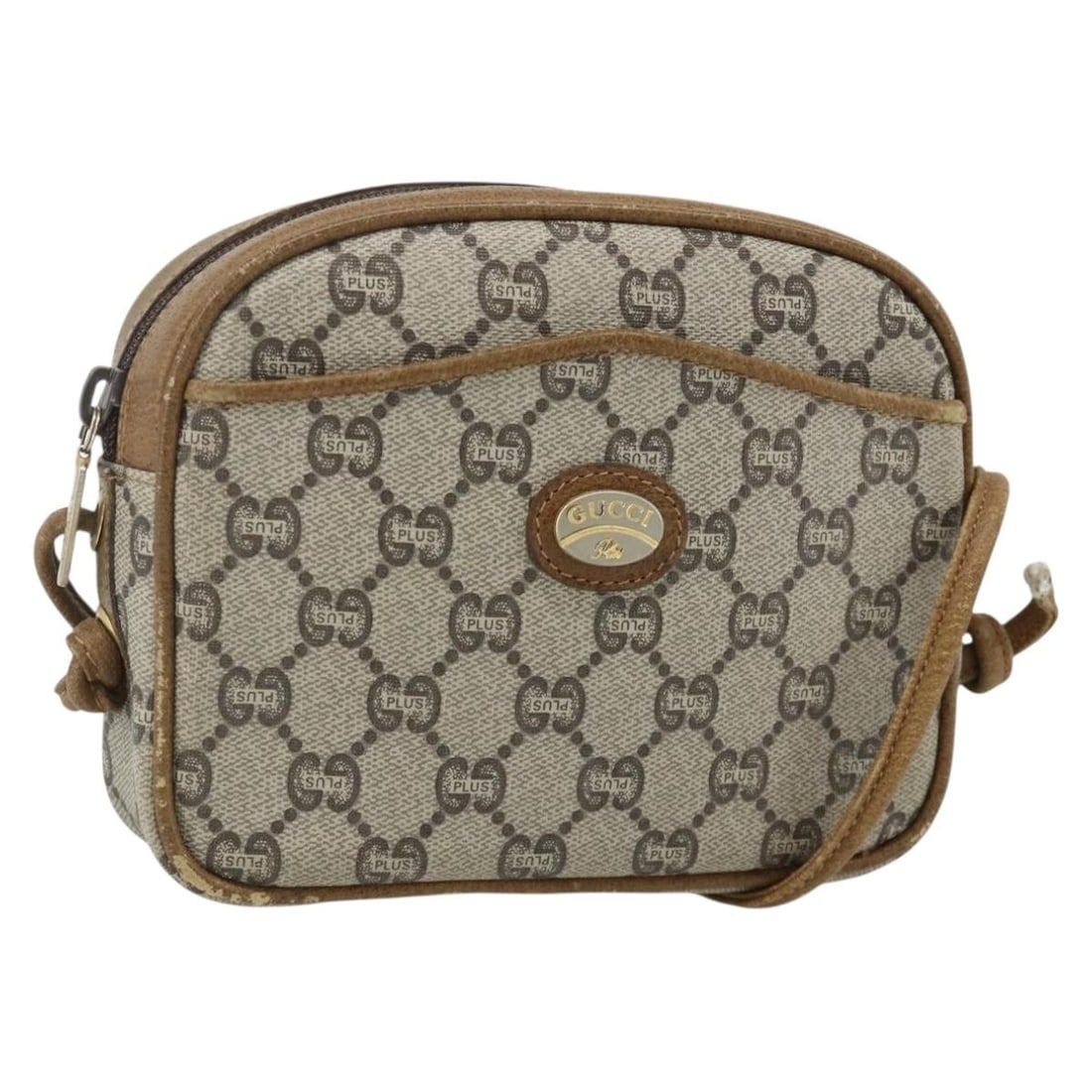 Gucci 201447 Beige Gold PVC Shoulder Bag: Gucci 201447 Beige Gold PVC Shoulder Bag This Gucci GG Plus Supreme shoulder bag features a beige and gold color scheme and is crafted from durable PVC leather with GG canvas accents. Designed for wom