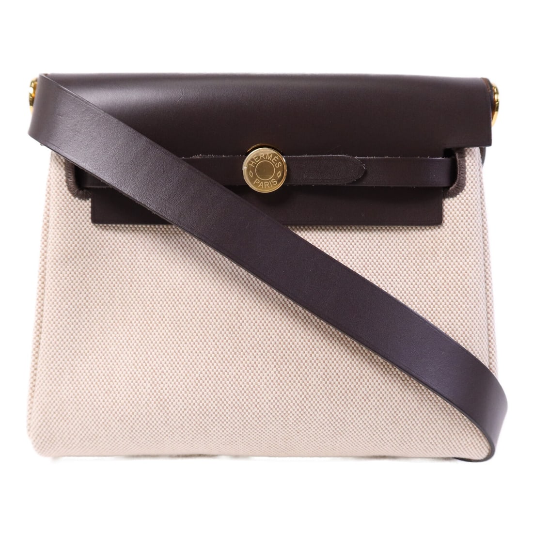 HERMES Mini Herbag Shoulder Bag Toile H Canvas Beige Chocolat GHW: HERMES Mini Herbag Shoulder Bag Toile H Canvas Beige Chocolat GHW Mini Herbag shoulder bag in Toile H canvas with Hunter calfskin trim in a beige and chocolate color combination. Made in France, this 
