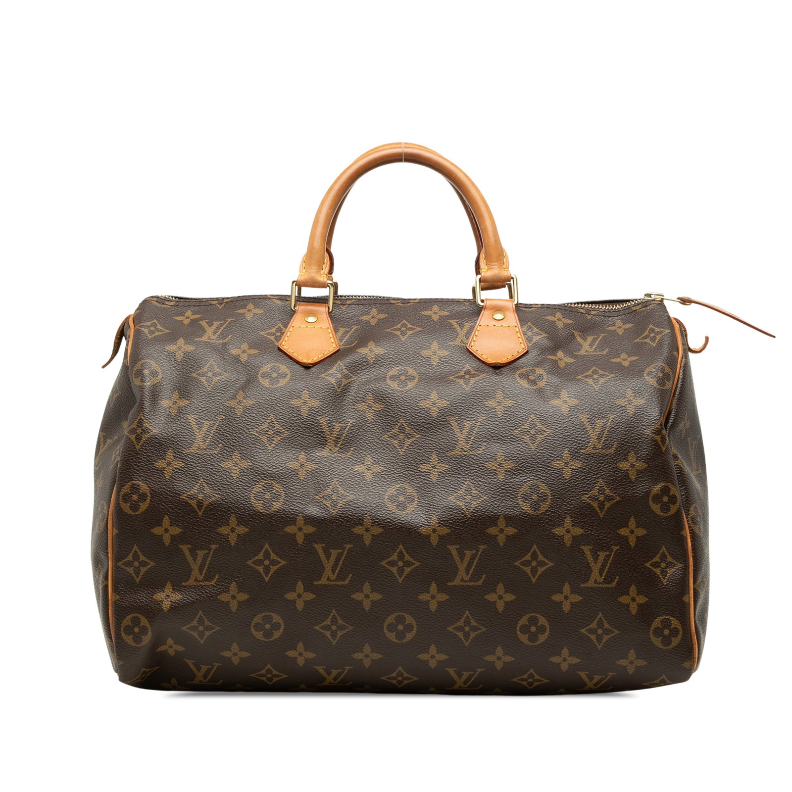 Louis Vuitton Speedy 35 Monogram Canvas Handbag: Louis Vuitton Speedy 35 Monogram Canvas Handbag Louis Vuitton Monogram Speedy 35 handbag with a monogram canvas body, rolled vachetta leather handles, top zip closure, and an interior slip pocket. Mad