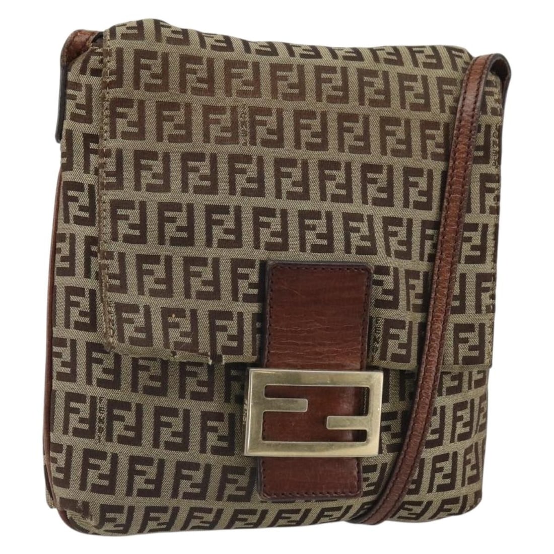 FENDI Mamma Baguette Shoulder Bag in Beige Gold Zucchino Canvas: FENDI Mamma Baguette Shoulder Bag in Beige Gold Zucchino Canvas A FENDI Mamma Baguette shoulder bag in Zucchino canvas with a beige and gold colorway. Made in Italy, this women's bag measures approxim