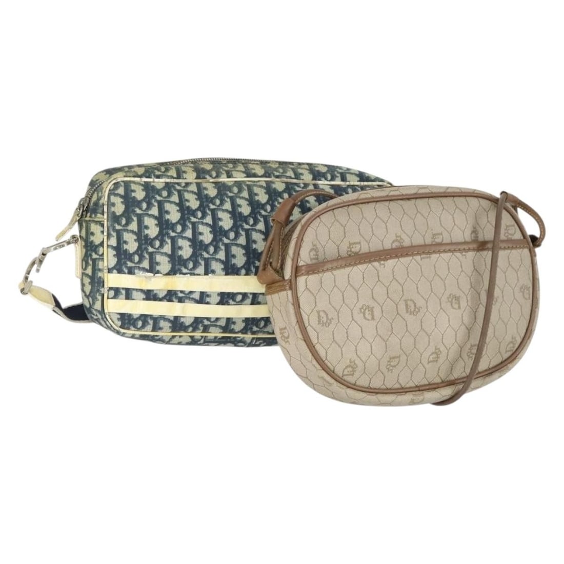 Christian Dior Trotter Shoulder Bag 2 Piece Set Navy Beige PVC Leather: Christian Dior Trotter Shoulder Bag 2 Piece Set Navy Beige PVC Leather Christian Dior Trotter Honeycomb Canvas shoulder bag set in navy and beige, made with PVC leather and Trotter canvas. Made in Fra