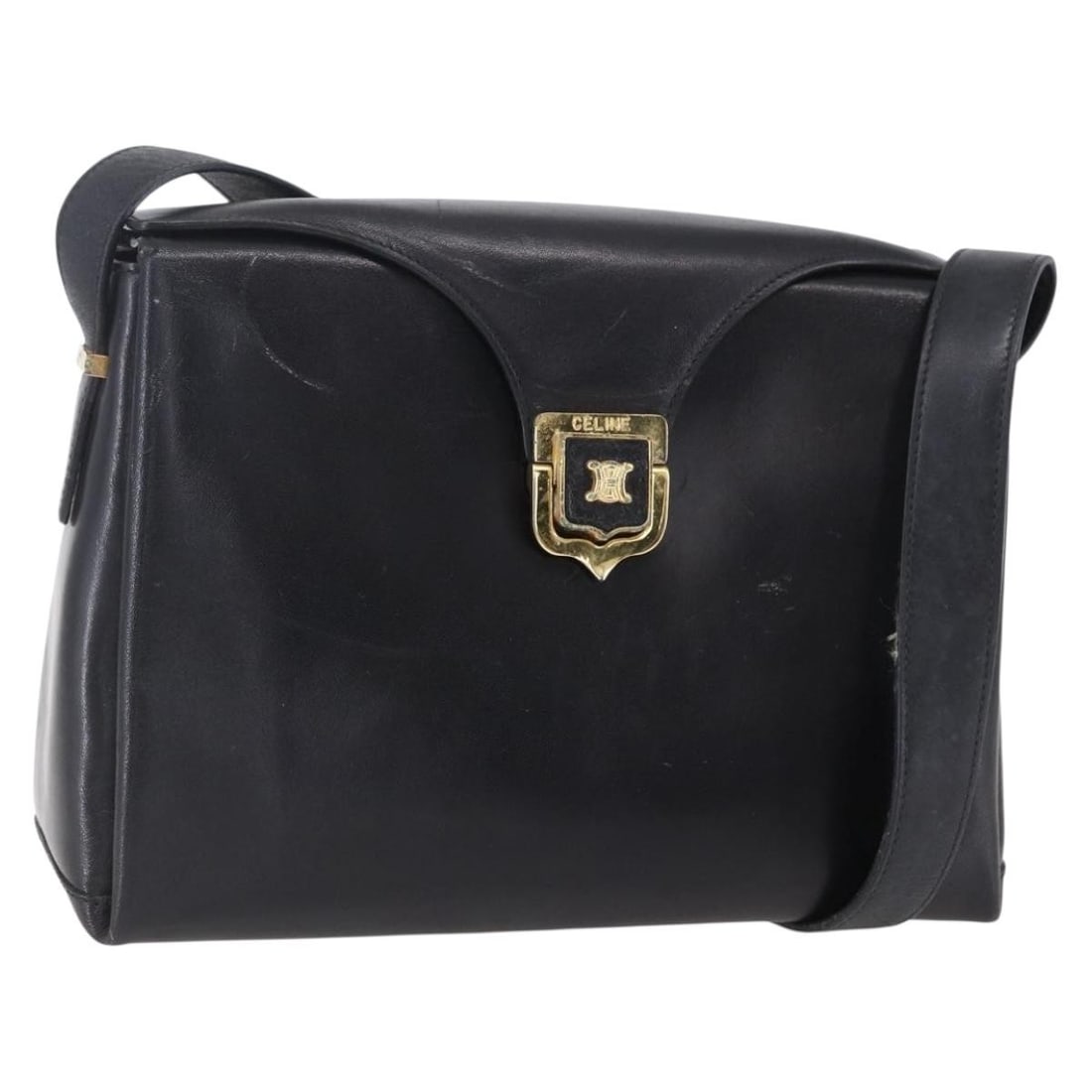 CELINE Black Leather Shoulder Bag Gold Accents Auth 153884: CELINE Black Leather Shoulder Bag Gold Accents Auth 153884 This authentic CELINE shoulder bag showcases a sophisticated design in luxurious black leather with gold accents. Crafted in Italy, this styl