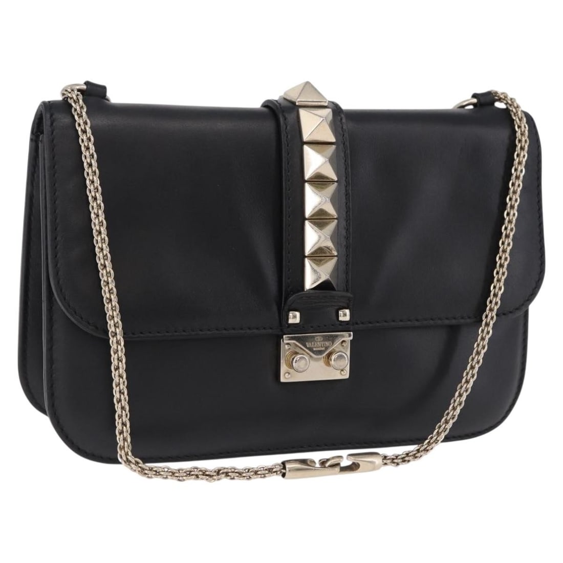 VALENTINO black leather shoulder bag with studs and gold tone chain: VALENTINO black leather shoulder bag with studs and gold tone chain Valentino shoulder bag in black leather with gold-tone chain and stud detailing. Made in Italy, this women's bag is offered without 