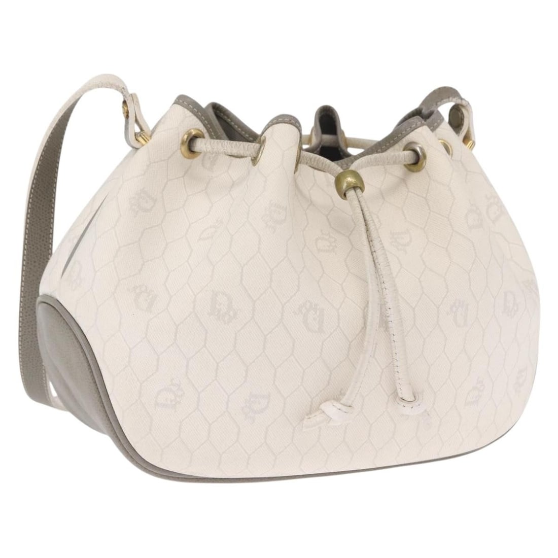 Christian Dior Honeycomb Canvas PVC Shoulder Bag Gold White with Pouch: Christian Dior Honeycomb Canvas PVC Shoulder Bag Gold White with Pouch Christian Dior shoulder bag in PVC leather and honeycomb canvas, presented in a gold and white colorway. It is made in France and