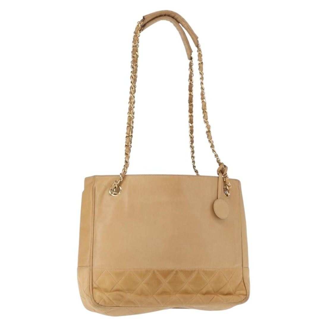 Beige Lambskin CHANEL Matelasse Shoulder Bag with Gold Chain CC Italy: Beige Lambskin CHANEL Matelasse Shoulder Bag with Gold Chain CC Italy This Chanel Chain Matelasse shoulder bag is crafted from lambskin leather in a beige and gold color palette. Designed in Italy, it