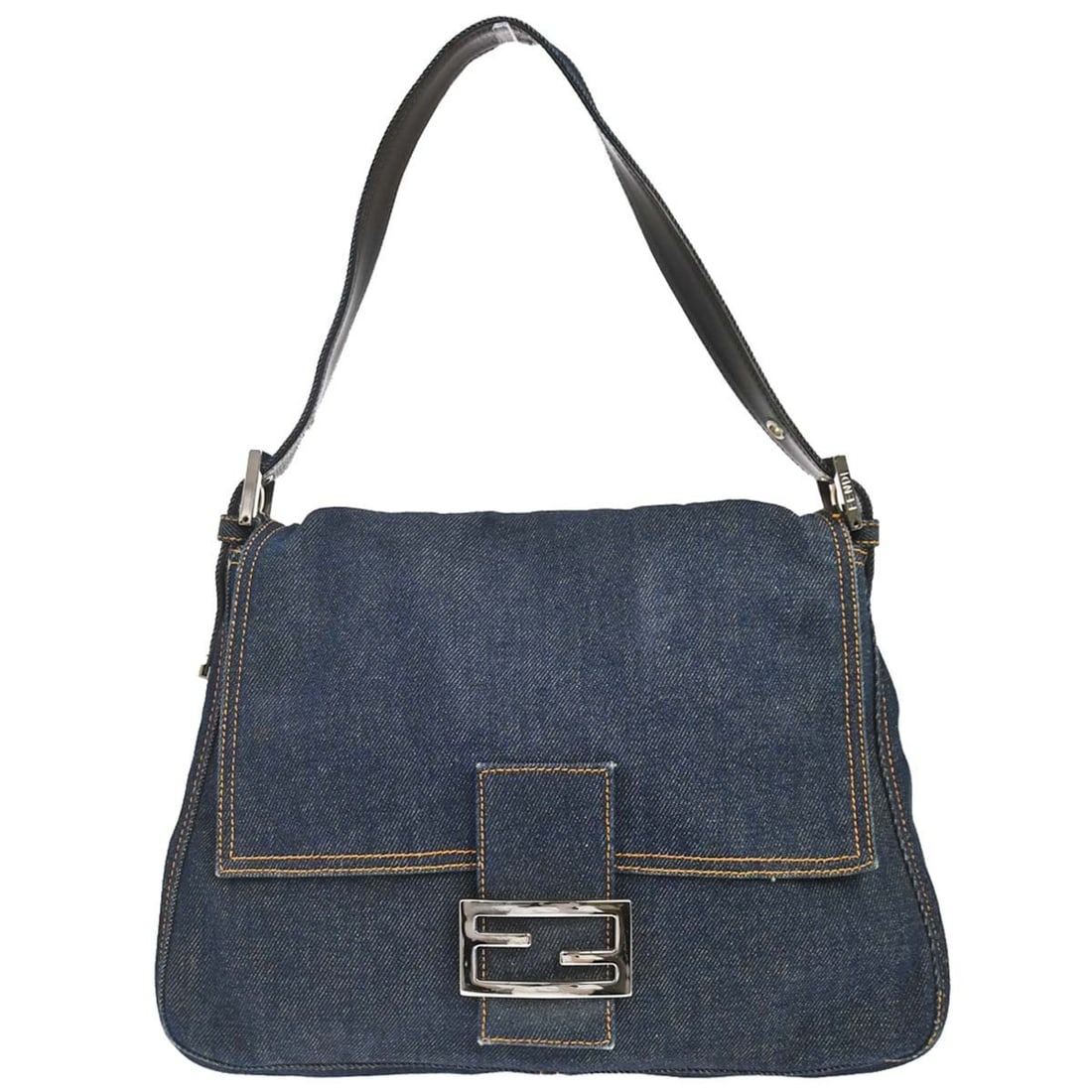 Fendi Mamma Baguette Zucca Indigo Denim Shoulder Bag: Fendi Mamma Baguette Zucca Indigo Denim Shoulder Bag Fendi Mamma Baguette handbag in indigo denim with the Fendi Zucca pattern. It features a magnetic closure, silver-tone hardware, a shoulder strap w