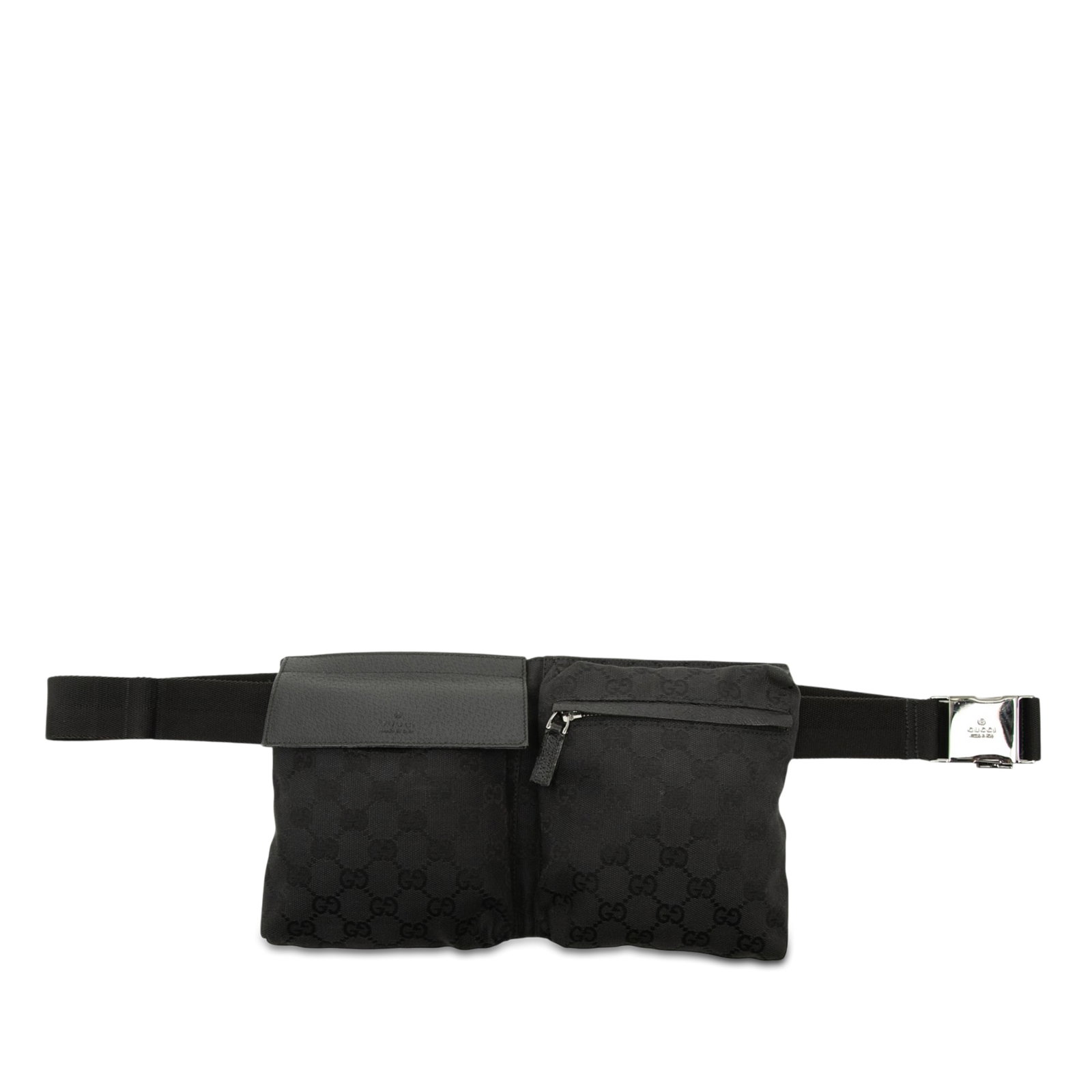 Gucci GG Canvas waist bag with dual front pockets: Gucci GG Canvas waist bag with dual front pockets Gucci GG Canvas Double Pocket Belt Bag in black fabric with a compact hands-free design. It features an adjustable waist strap, two exterior front com
