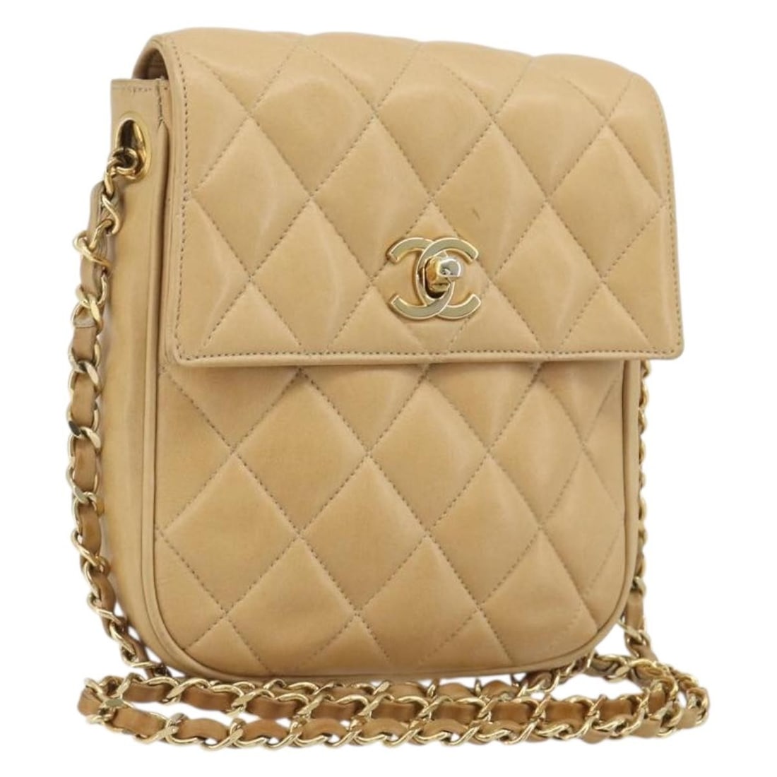 CHANEL CC Lambskin Shoulder Bag Beige Gold Chain Strap: CHANEL CC Lambskin Shoulder Bag Beige Gold Chain Strap Chanel Matelasse chain shoulder bag in beige lamb skin with gold-tone CC detailing. This women's shoulder bag was made in Italy and includes only