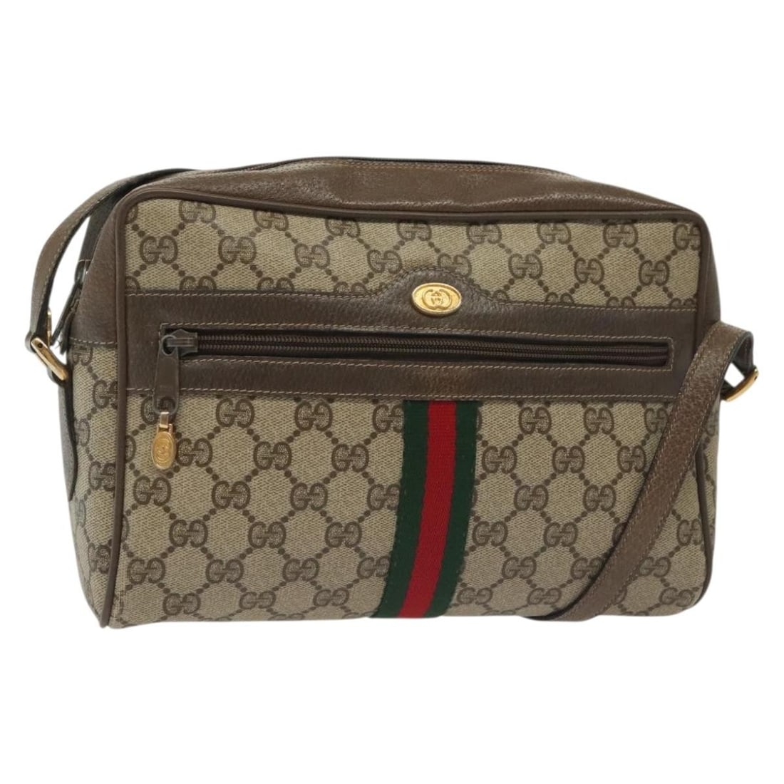 GUCCI GG Supreme Sherry Line Shoulder Bag Beige Gold Red PVC Auth: GUCCI GG Supreme Sherry Line Shoulder Bag Beige Gold Red PVC Auth This GUCCI GG Supreme Web Sherry Line Shoulder Bag embodies a blend of elegance and practicality. Crafted in Italy from durable PVC le