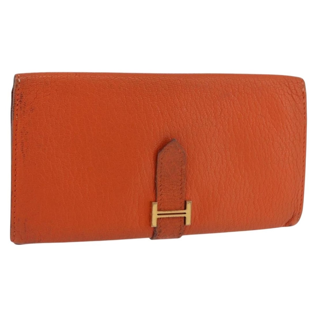 Hermes Bane Souffle leather long wallet orange gold France: Hermes Bane Souffle leather long wallet orange gold France Hermes long wallet in leather with an orange and gold color combination. Made in France, this women's wallet measures approximately 18 cm wid