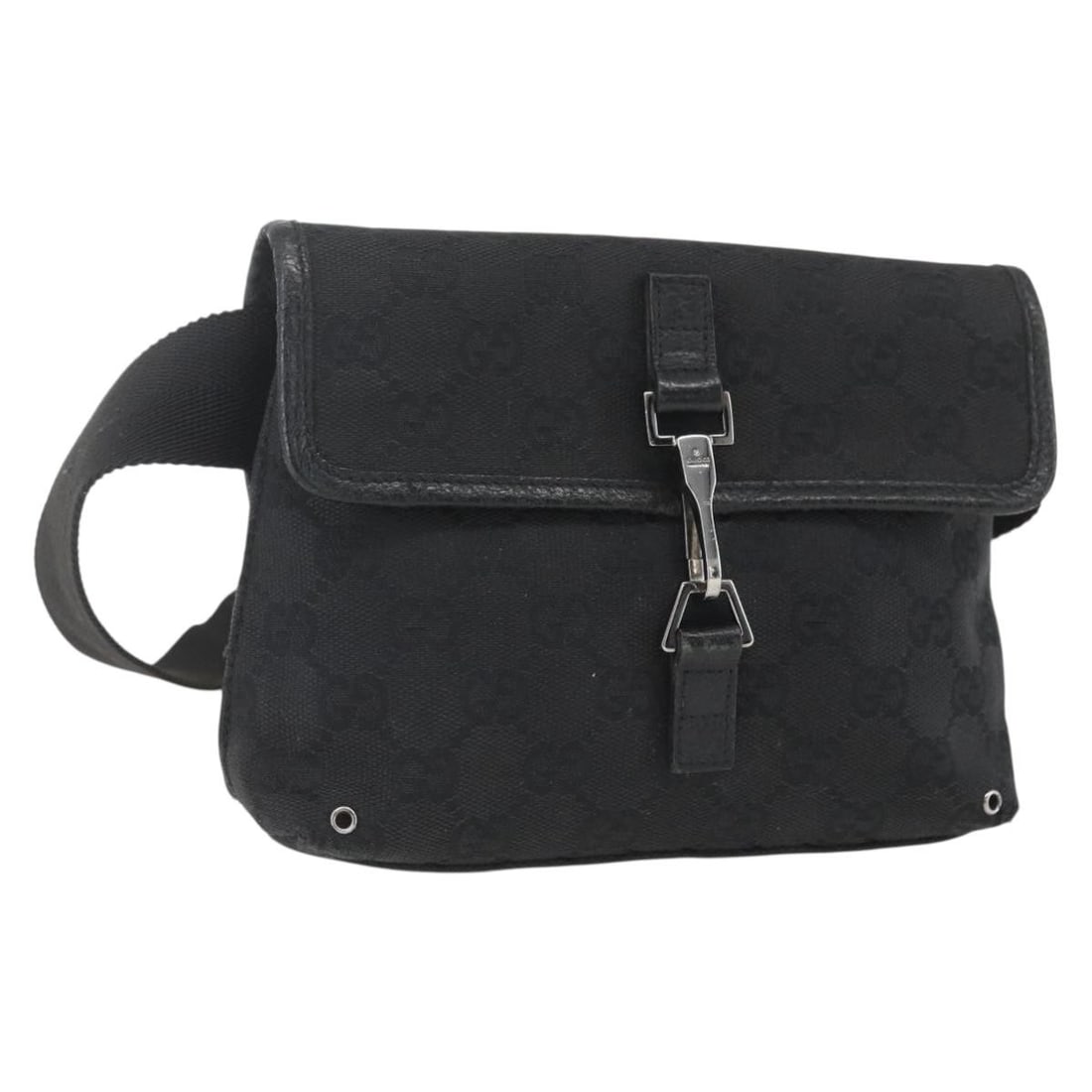 Gucci Jackie GG Canvas Black Waist Bag Model 92543 Silver Accents: Gucci Jackie GG Canvas Black Waist Bag Model 92543 Silver Accents This Gucci Jackie waist bag is crafted from GG canvas in black and silver and features a compact design with a shoulder strap adjustab
