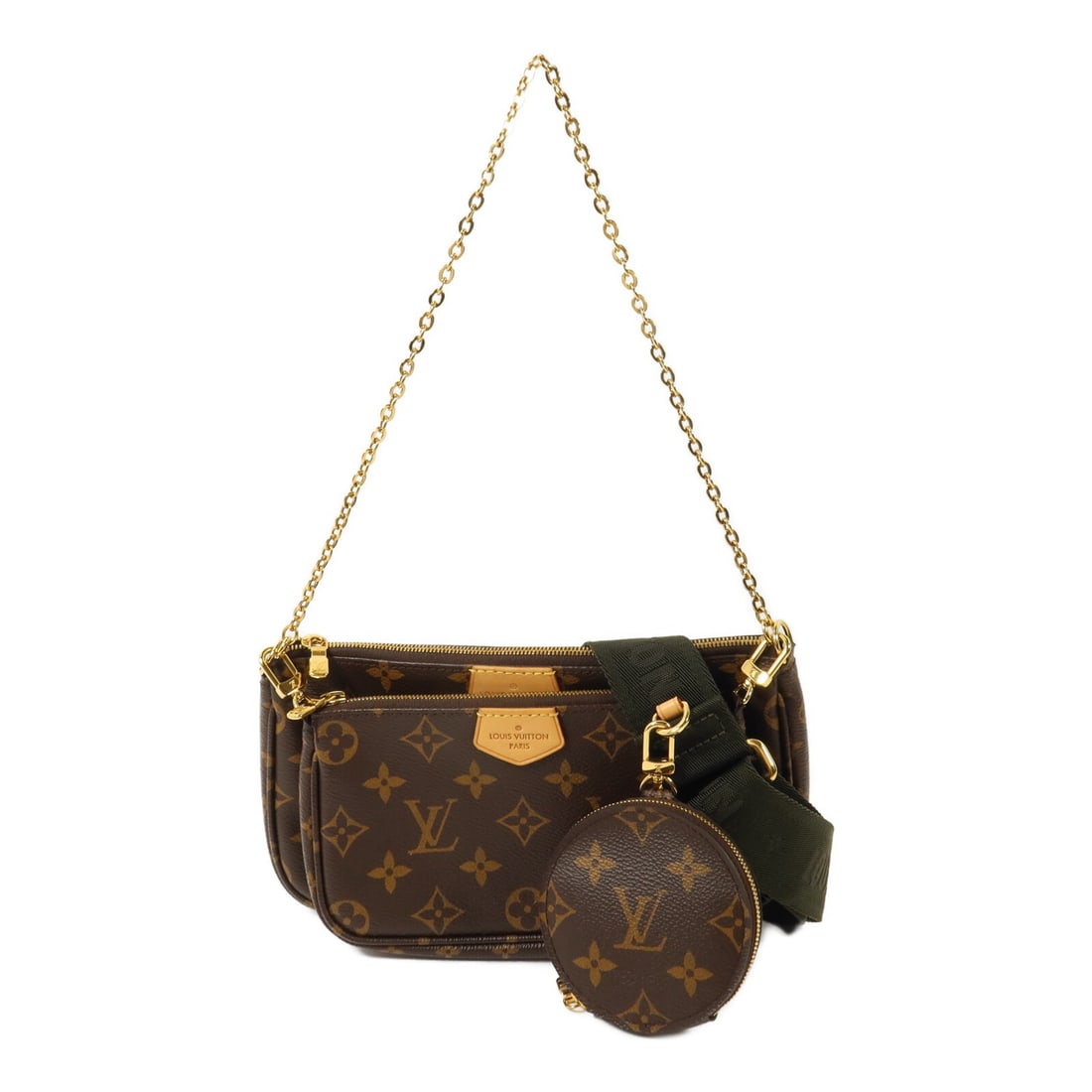 Louis Vuitton M44813 Multi Pochette Accessoires Monogram Shoulder Bag: Louis Vuitton M44813 Multi Pochette Accessoires Monogram Shoulder Bag This Louis Vuitton Multi Pochette Accessoires shoulder bag is crafted in Monogram and PVC coated canvas in brown and green. It fea