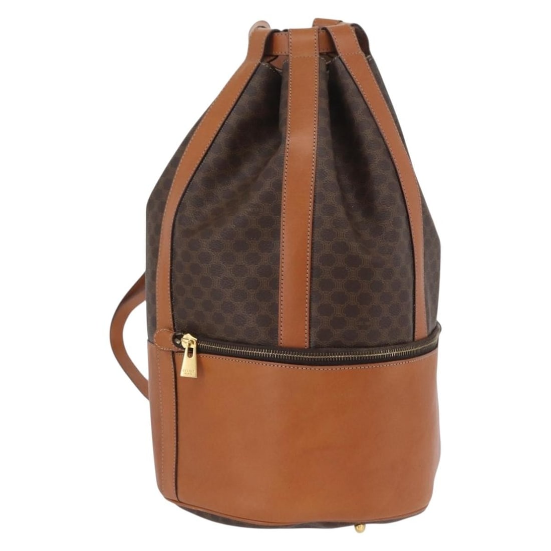 CELINE Macadam Shoulder Bag Brown PVC Leather Canvas Gold Tone: CELINE Macadam Shoulder Bag Brown PVC Leather Canvas Gold Tone Celine Macadam canvas shoulder bag in brown with gold-tone accents, crafted with PVC leather trim. Made in Italy, this women's shoulder b