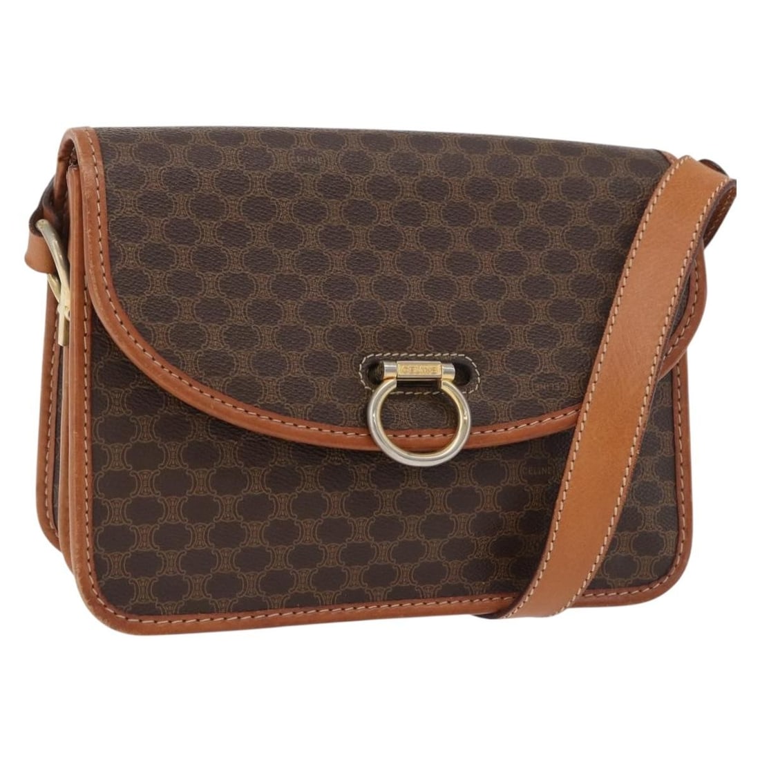 CELINE Macadam PVC Leather Brown Gold Shoulder Bag Italy: CELINE Macadam PVC Leather Brown Gold Shoulder Bag Italy This CELINE shoulder bag features the iconic Macadam canvas combined with PVC leather in a brown and gold color scheme. Made in Italy, the bag 