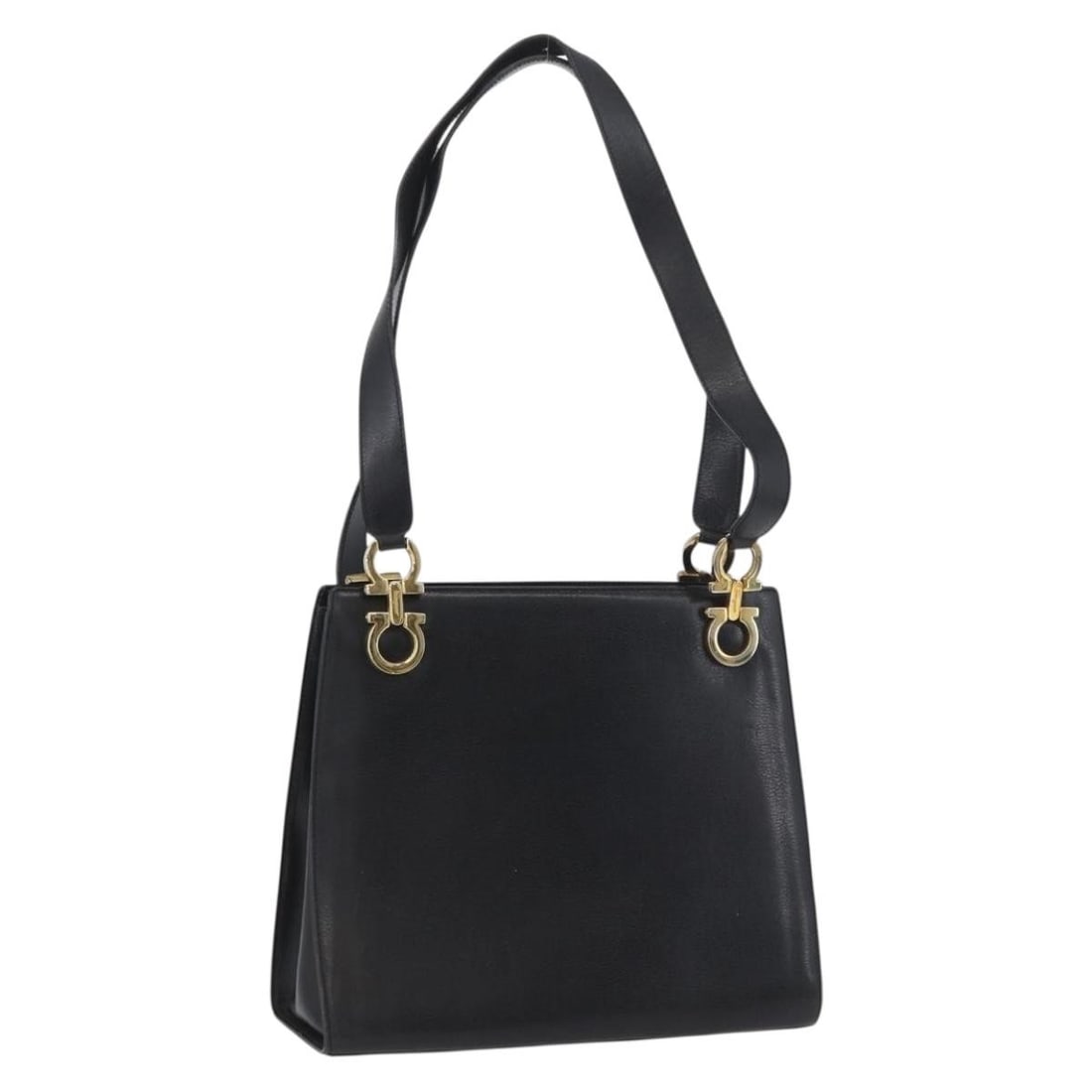 Salvatore Ferragamo Gancini Black Leather Gold Shoulder Bag for Women: Salvatore Ferragamo Gancini Black Leather Gold Shoulder Bag for Women This Salvatore Ferragamo Gancini shoulder bag features black leather with gold-tone accents. Designed for women, it offers a class
