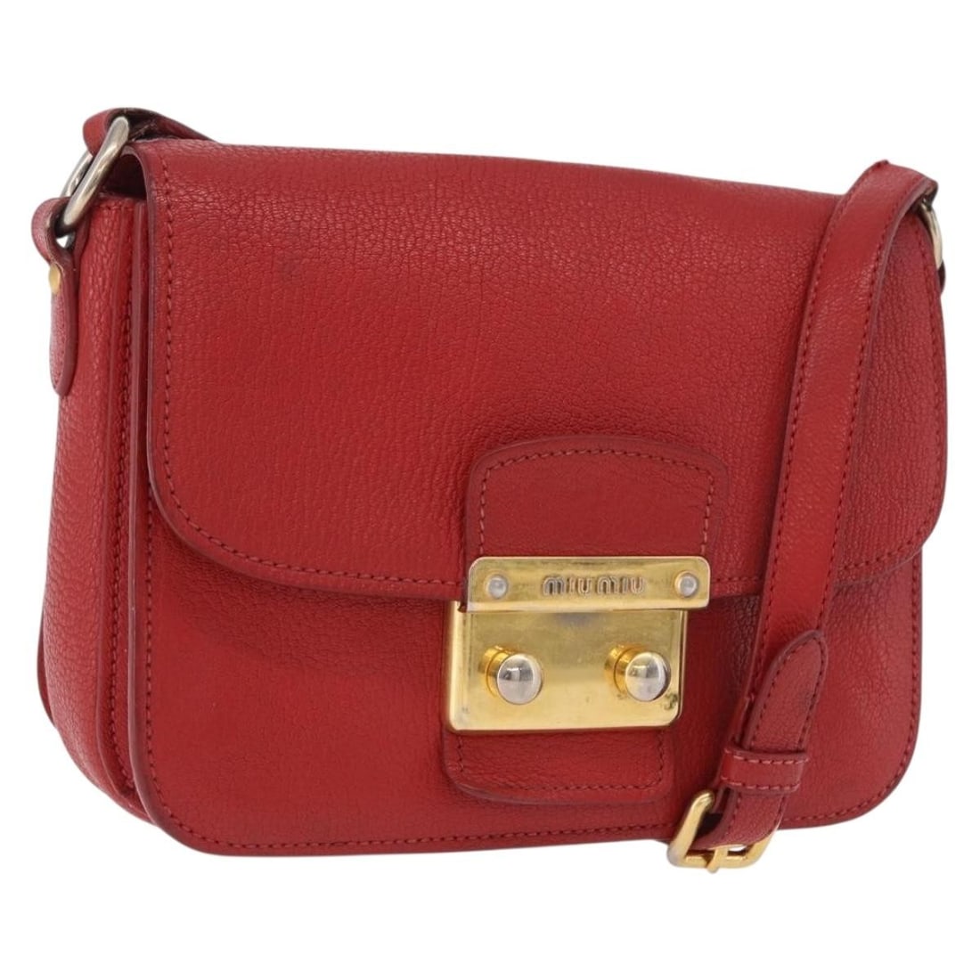 Miu Miu Red Leather Shoulder Bag with Gold Tone Hardware: Miu Miu Red Leather Shoulder Bag with Gold Tone Hardware Miu Miu shoulder bag in red leather with gold-tone accents. This women's bag is made in Turkey and features an adjustable shoulder strap. It is