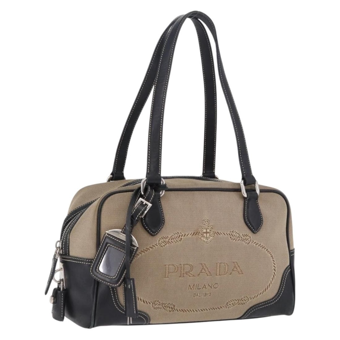 PRADA canvas tote handbag beige silver with padlock and keys (1 of 18)