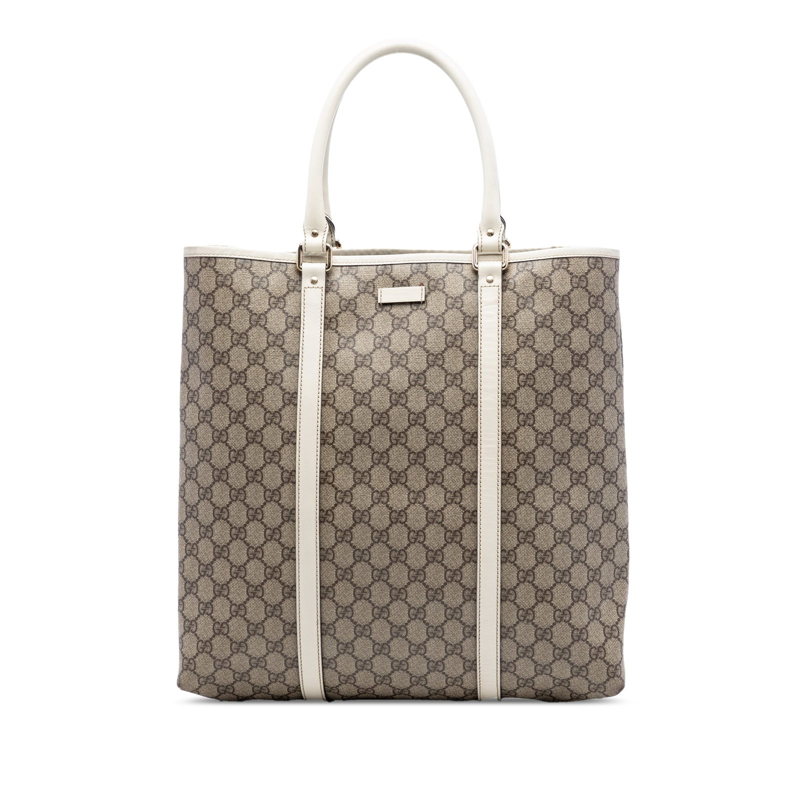 Gucci GG Supreme Joy Vertical Tote Beige Coated Canvas Bag: Gucci GG Supreme Joy Vertical Tote Beige Coated Canvas Bag Gucci GG Supreme Joy Vertical Tote in beige with a coated canvas body and leather trim. This tote features rolled leather handles, an open to