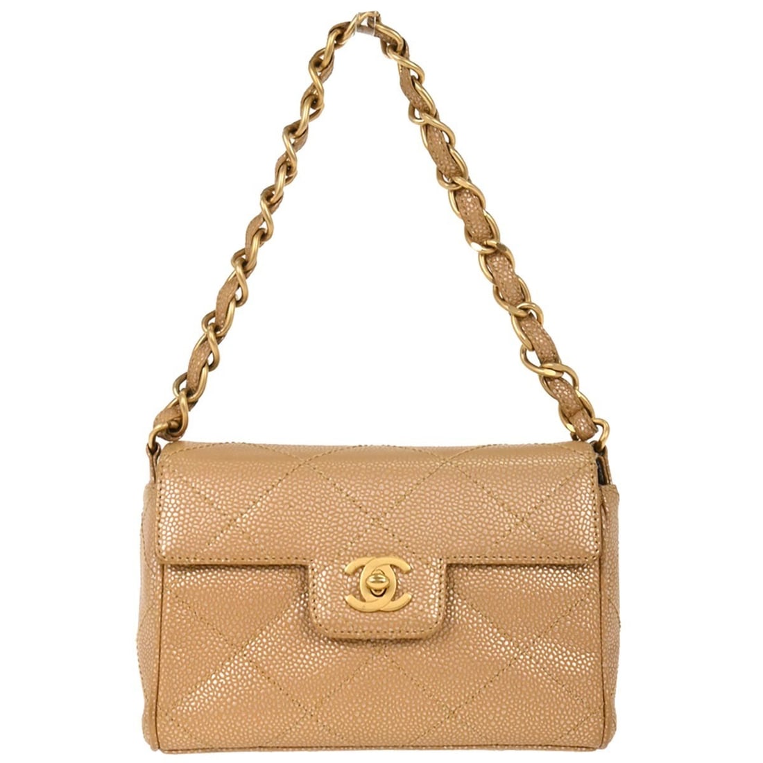 CHANEL Small Beige Leather Top Handle Bag Turn Lock: CHANEL Small Beige Leather Top Handle Bag Turn Lock Chanel top handle handbag in beige calfskin leather with a turn-lock closure. This small women's bag is made in Italy and features an outside pocket
