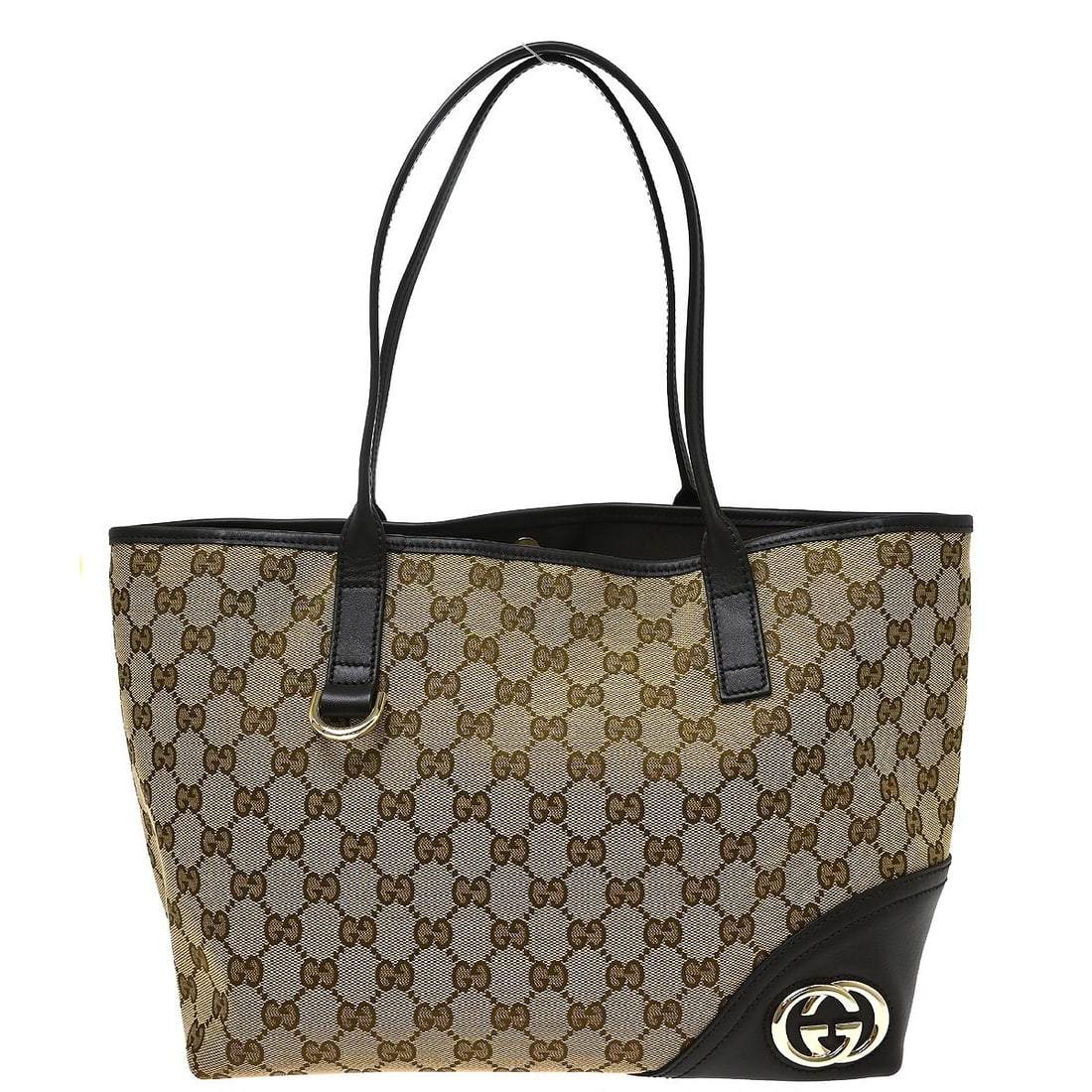 Gucci New Britt Tote Beige GG Canvas Handbag: Gucci New Britt Tote Beige GG Canvas Handbag Gucci New Britt Tote in beige canvas with leather trim. This women's handbag is made in Italy and remains in very good condition. The exterior shows scuffs