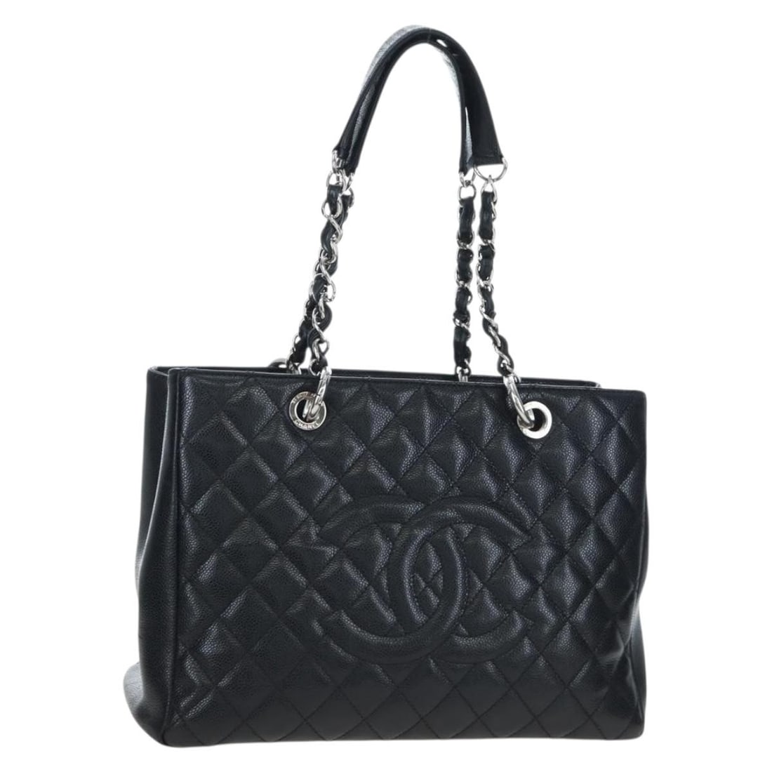 CHANEL Caviar Skin Tote Bag Black Silver CC Chain: CHANEL Caviar Skin Tote Bag Black Silver CC Chain Chanel Matelasse Coco Mark chain tote bag in black caviar skin with silver-tone CC detailing. Made in Italy, this women's tote features a structured c