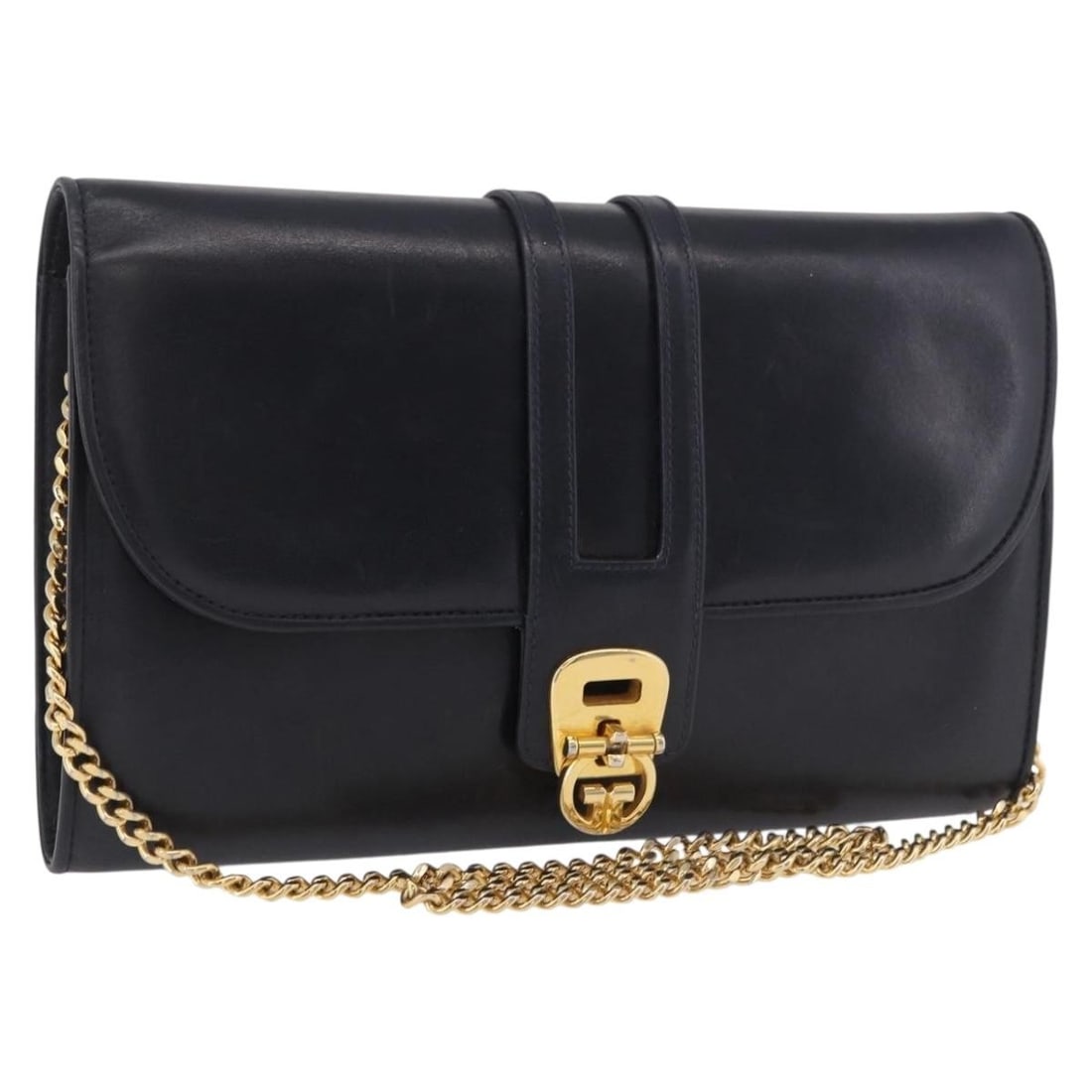 GUCCI Leather Shoulder Bag Navy with Gold Chain: GUCCI Leather Shoulder Bag Navy with Gold Chain A Gucci shoulder bag crafted from leather in navy and gold. Made in Italy, it features a shoulder strap with an approximate 15.4 inch drop and measures 