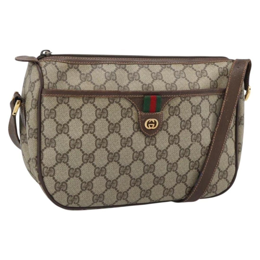 Gucci 89 02 077 GG Supreme Sherry Web Shoulder Bag Beige PVC: Gucci 89 02 077 GG Supreme Sherry Web Shoulder Bag Beige PVC Gucci GG Supreme Web Sherry Line shoulder bag in beige and gold PVC leather with GG canvas. Made in Italy, this women's bag features an adj