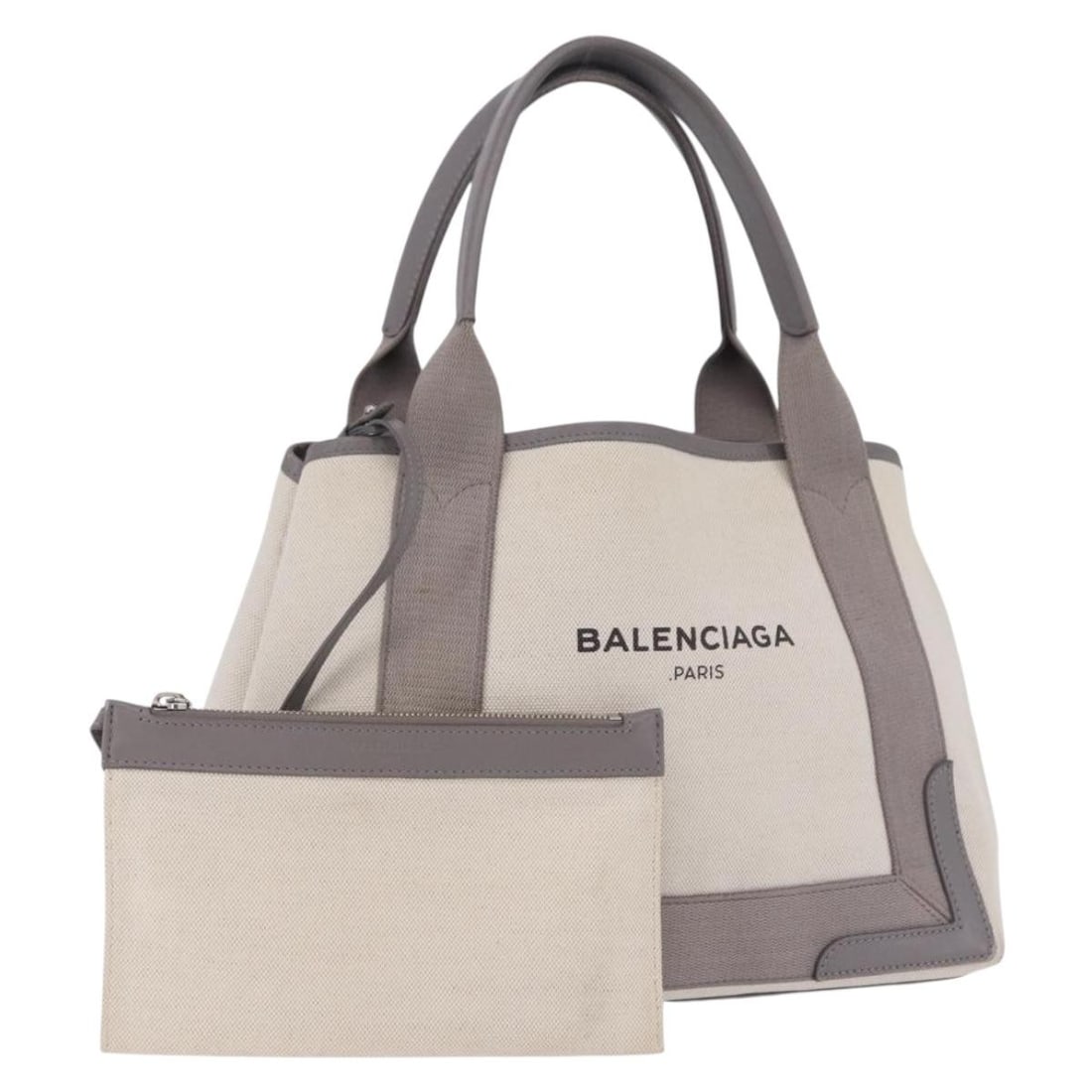 BALENCIAGA 339933 Navy Cabas XS Canvas Handbag White Silver Pouch: BALENCIAGA 339933 Navy Cabas XS Canvas Handbag White Silver Pouch Balenciaga Navy Cabas XS handbag in white and silver canvas with an included pouch. This women's handbag is made in Italy and shows he