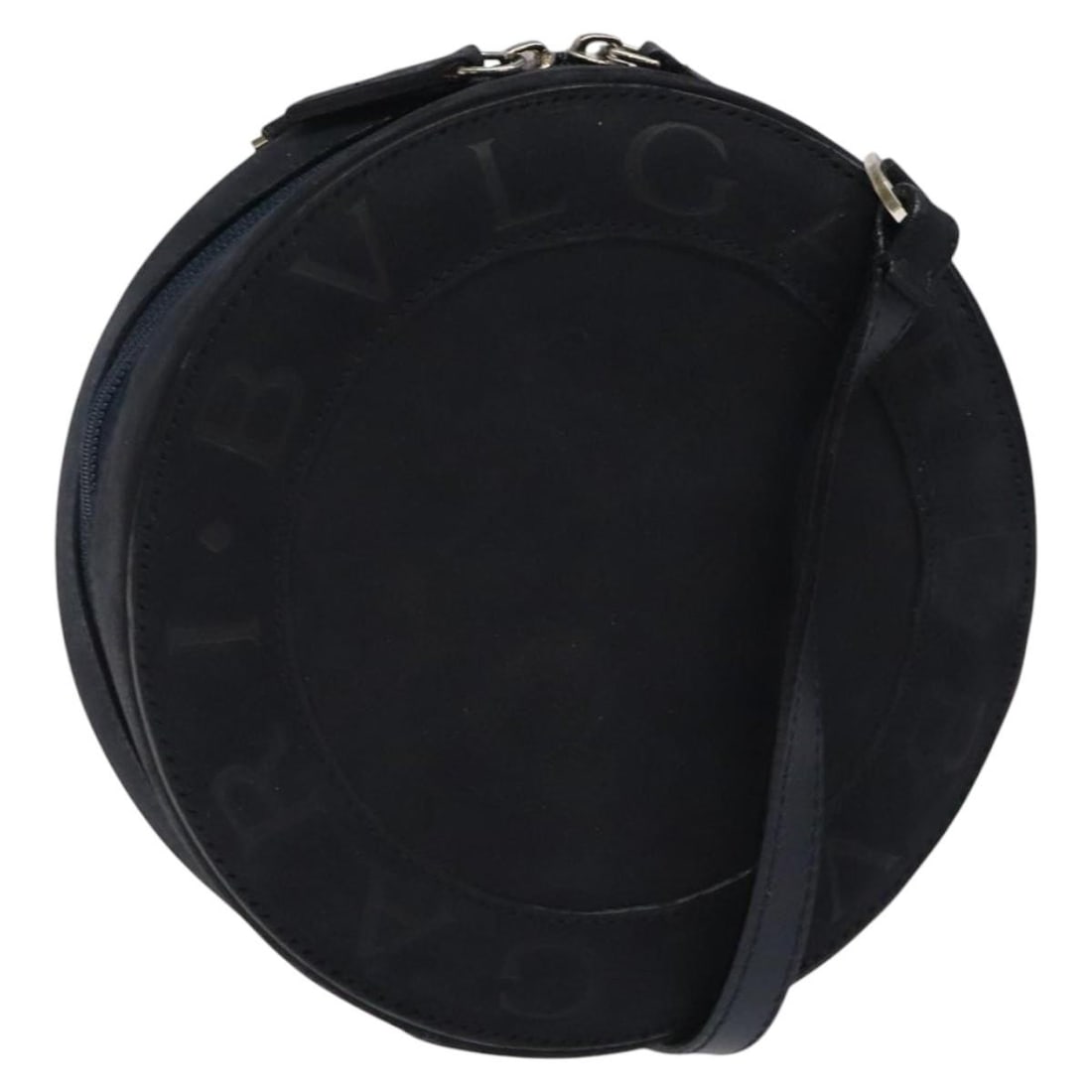 Navy Suede BVLGARI Shoulder Bag with Silver Detail and Dust Bag: Navy Suede BVLGARI Shoulder Bag with Silver Detail and Dust Bag This BVLGARI shoulder bag features a navy and silver suede exterior, complemented by silver-tone hardware. Designed for women, the bag o