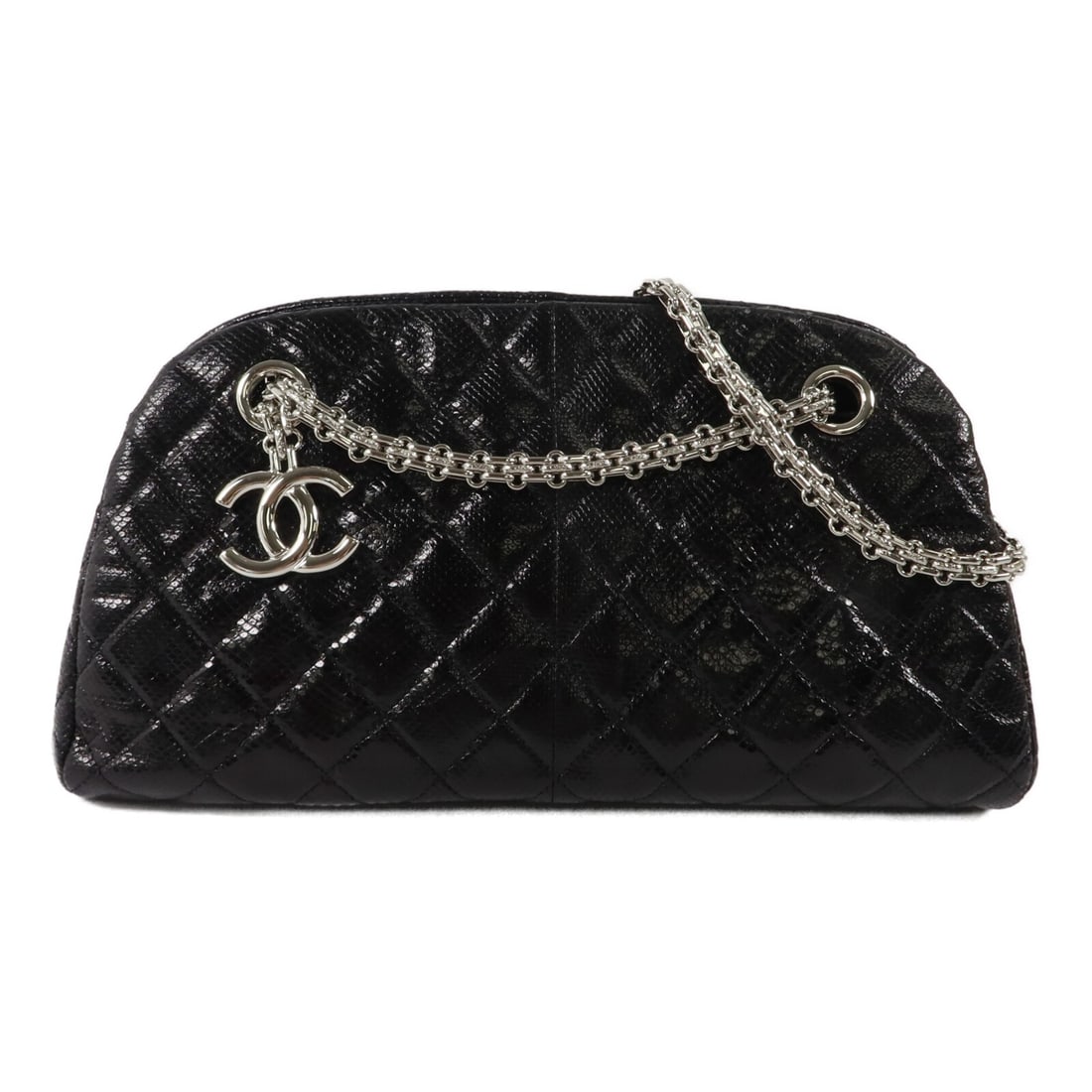 CHANEL A50557 Mademoiselle Bowling Shoulder Bag Black Calfskin CC SHW: CHANEL A50557 Mademoiselle Bowling Shoulder Bag Black Calfskin CC SHW Mademoiselle Bowling shoulder bag in black calfskin leather with CC detailing and silver-tone hardware. This women's shoulder bag 