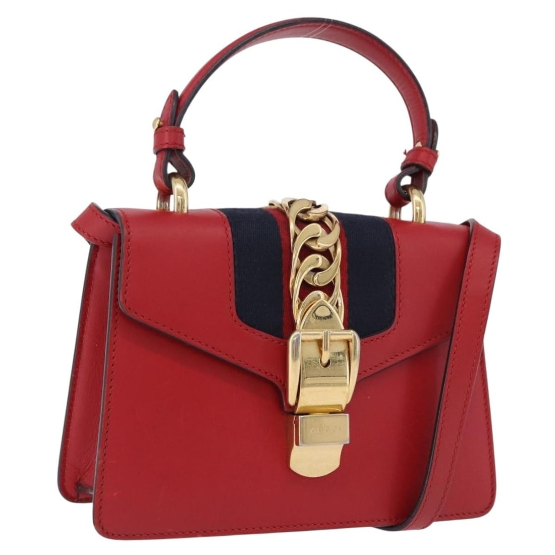 Gucci 470270 Silvi 2way Leather Handbag Red Gold Strap: Gucci 470270 Silvi 2way Leather Handbag Red Gold Strap Gucci Silvi Sherry Line 2-way handbag in red leather with gold-tone accents. Designed for women, this Italian-made bag includes a shoulder strap 