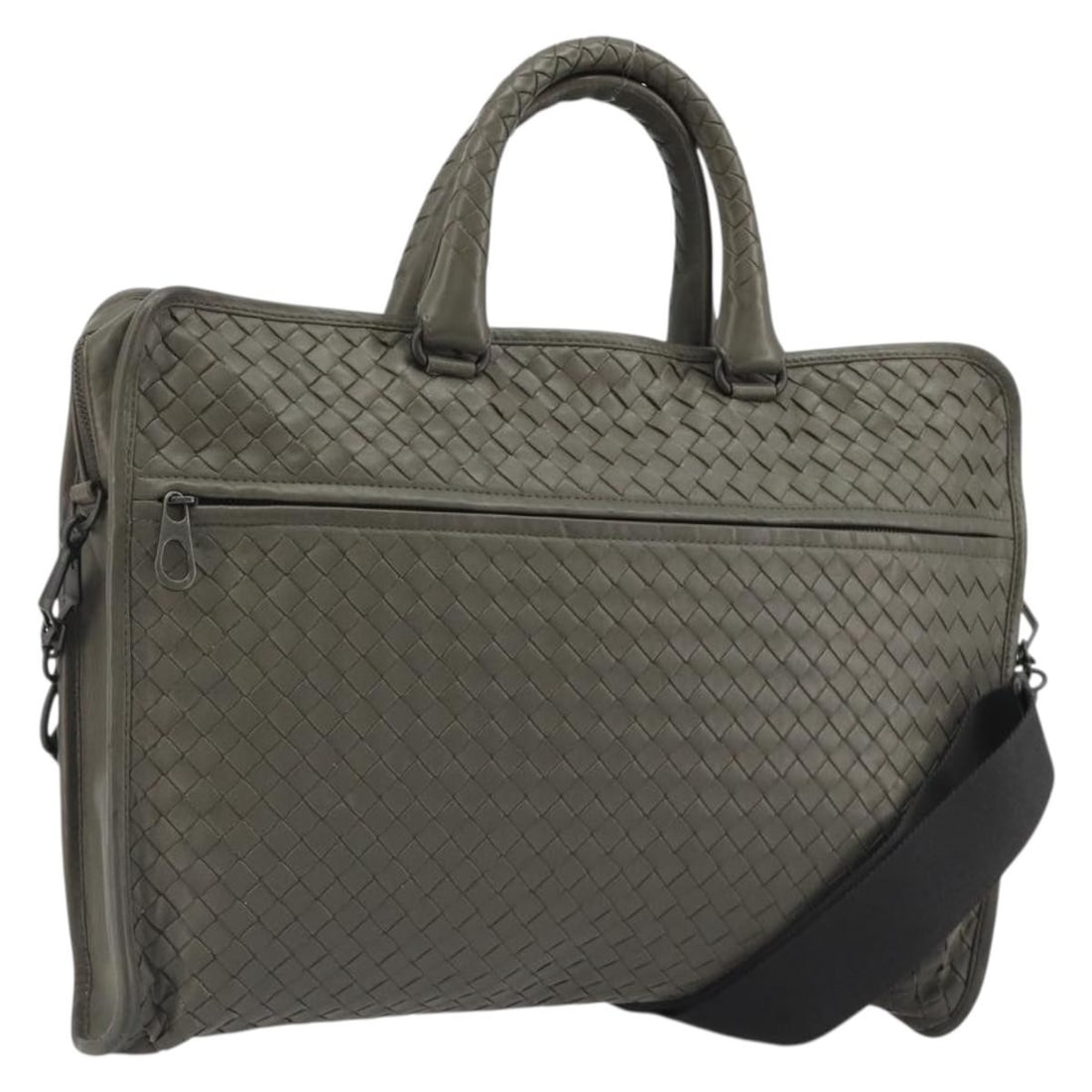 Gray Leather 2way Briefcase BOTTEGA VENETA Intrecciato: Gray Leather 2way Briefcase BOTTEGA VENETA Intrecciato Gray leather Intrecciato 2-way business bag made in Italy. This women's bag features carry handles and a shoulder strap for versatile use. It is 