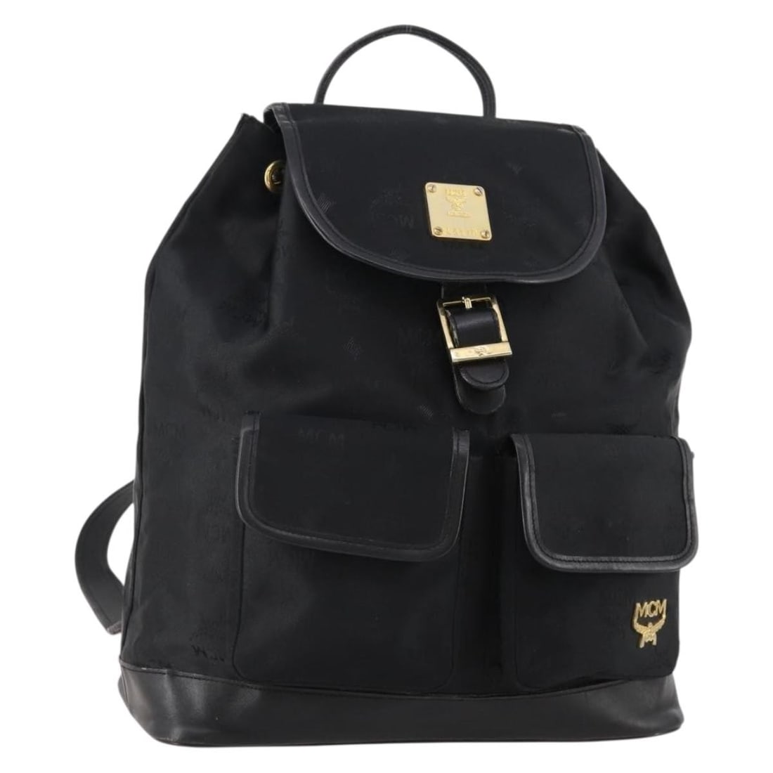 MCM Vicetos Logogram Canvas Backpack Black Gold Women Auth: MCM Vicetos Logogram Canvas Backpack Black Gold Women Auth Authentic MCM Vicetos logogram backpack in black and gold canvas. This women's backpack is made in South Korea and is offered without the ori