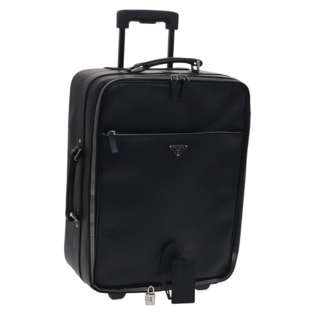 PRADA Black Saffiano Leather Suitcase with Padlock Name Tag: PRADA Black Saffiano Leather Suitcase with Padlock Name Tag Authentic PRADA suitcase in black Saffiano leather with a structured design. Includes a padlock, name tag, and guarantee card. Made in Italy