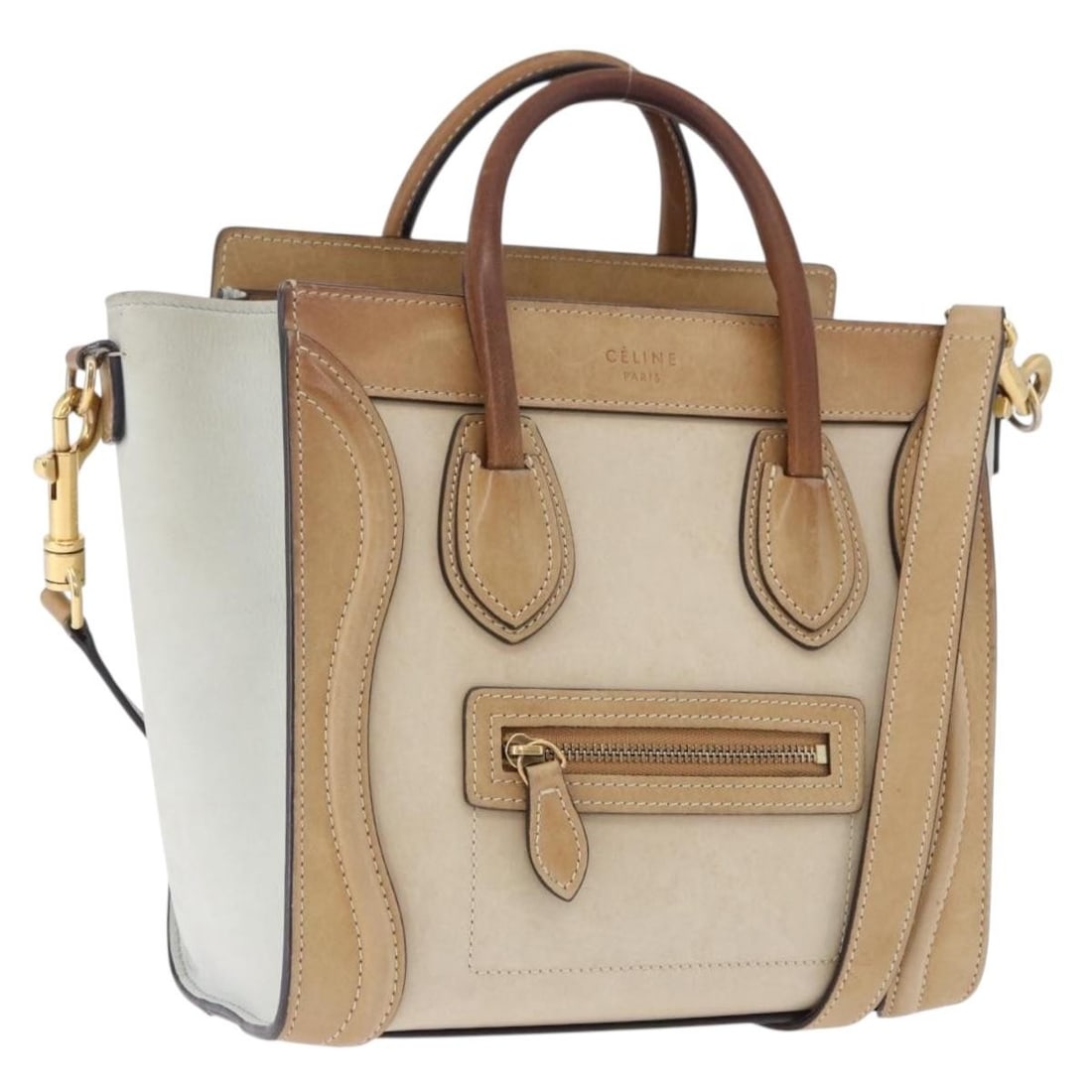 CELINE Nano Luggage 2way Leather Handbag Beige Gold Tone: CELINE Nano Luggage 2way Leather Handbag Beige Gold Tone Celine Luggage Nano 2-way handbag in beige and gold leather with a shoulder strap. Made in Italy, this women's handbag shows heavy use with vis