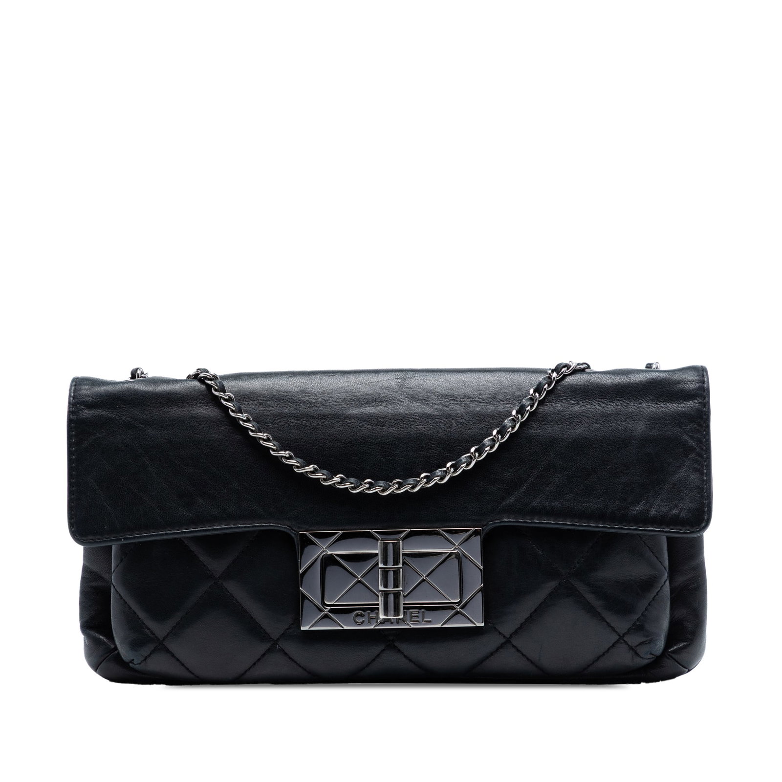 Chanel Mademoiselle quilted lambskin shoulder bag black: Chanel Mademoiselle quilted lambskin shoulder bag black This Chanel shoulder bag showcases a quilted lambskin leather body with a sophisticated black finish. It features a leather-woven chain strap, a