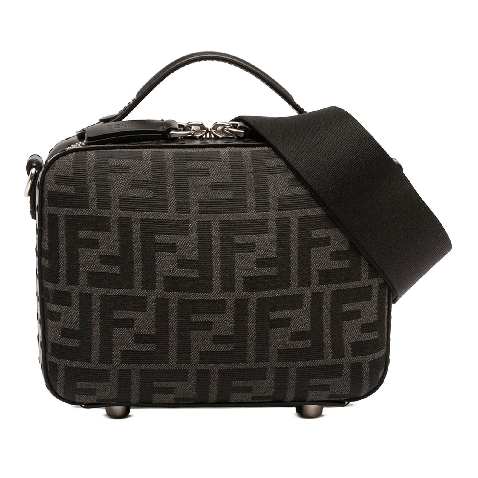 Fendi Mini Zucca Pattern Canvas Satchel with Leather Trim: Fendi Mini Zucca Pattern Canvas Satchel with Leather Trim The Fendi Mini Zucca Canvas Suitcase Bag features a canvas body with leather trim, a flat leather handle, a detachable flat strap, and a zip-a