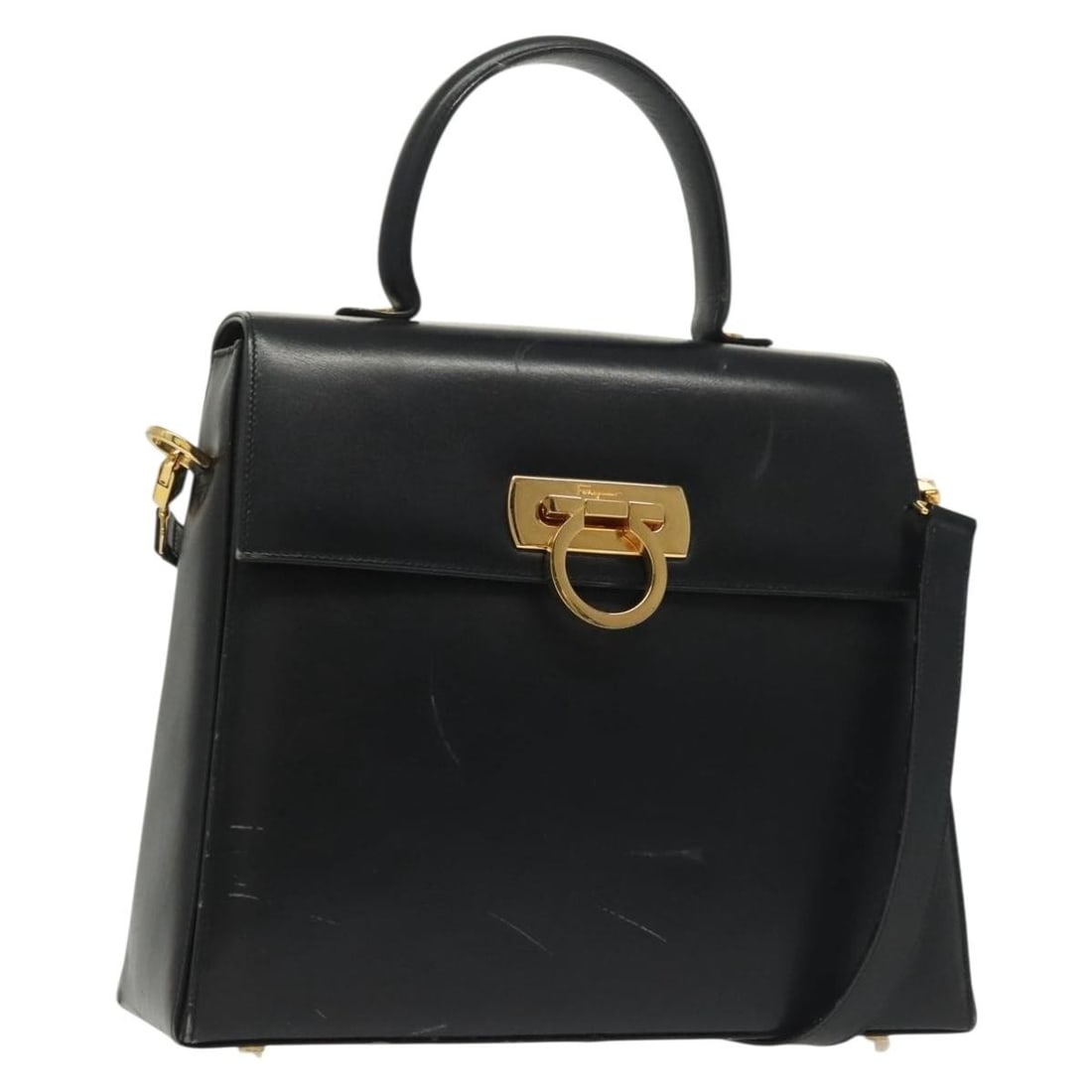 Salvatore Ferragamo Gancini 2way Leather Handbag Black Gold Italy: Salvatore Ferragamo Gancini 2way Leather Handbag Black Gold Italy Salvatore Ferragamo Gancini 2-way handbag in black leather with gold-tone accents. Designed for women, this Italian-made bag includes 