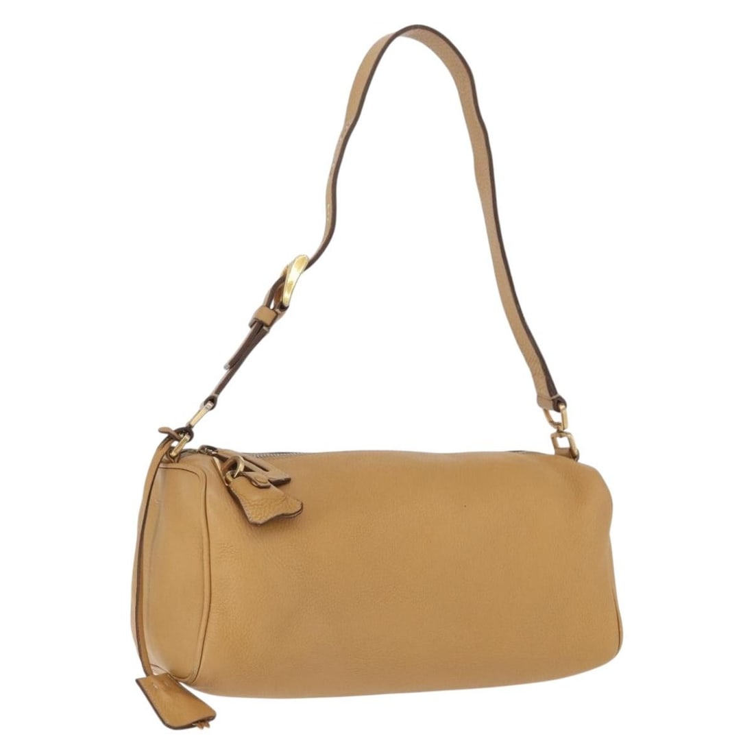 Prada Brown Leather Shoulder Bag with Padlock Key Clochette: Prada Brown Leather Shoulder Bag with Padlock Key Clochette Brown leather shoulder bag in a gold-tone finish, made in Italy. It comes with a padlock, two keys, and a clochette. Condition shows heavy u