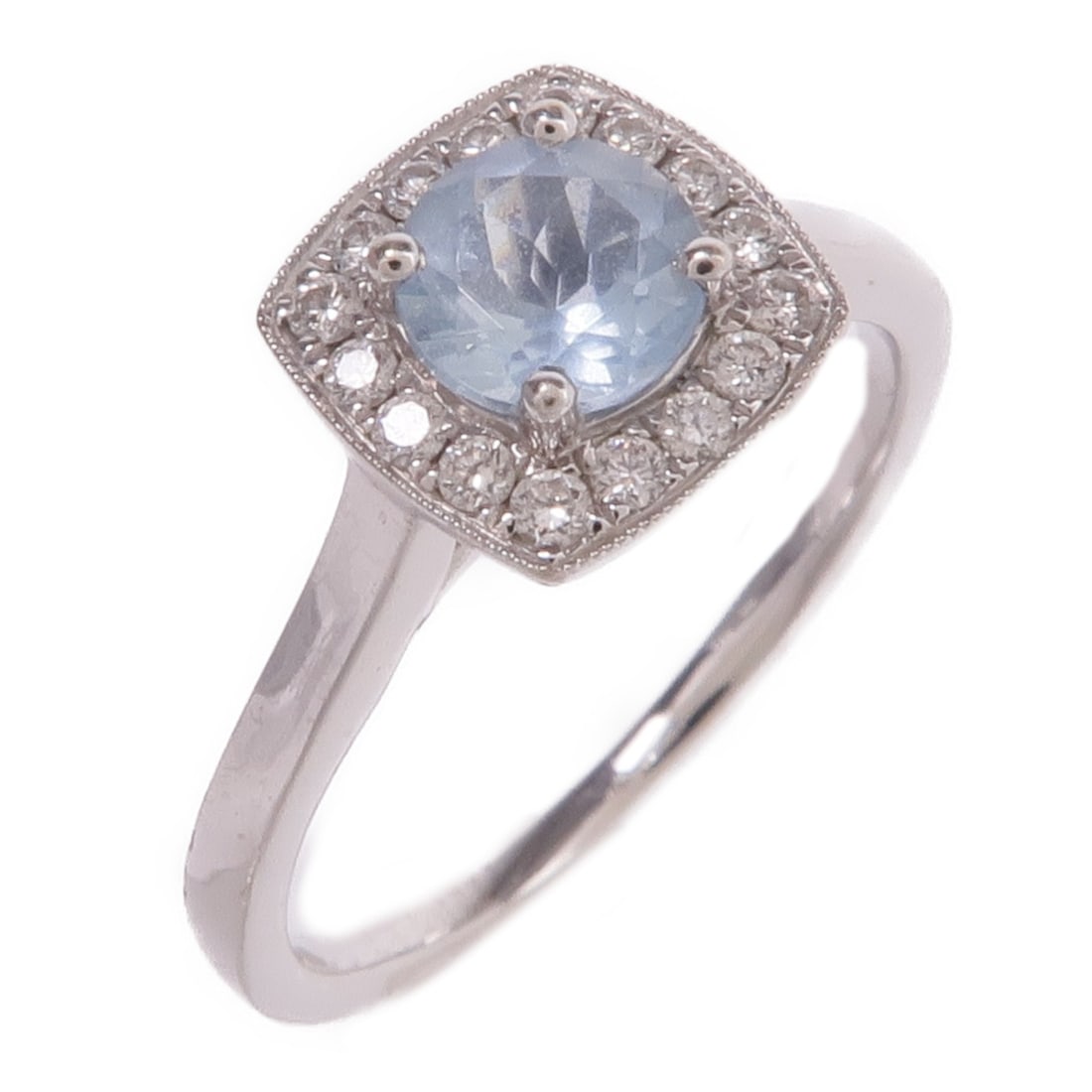 JEWELRY 18K White Gold Aquamarine Diamond Ring Size 5.25: JEWELRY 18K White Gold Aquamarine Diamond Ring Size 5.25 Aquamarine and diamond ring in 18K white gold, presented in a blue and clear color combination. The ring is size US 5.25 and features an aquama