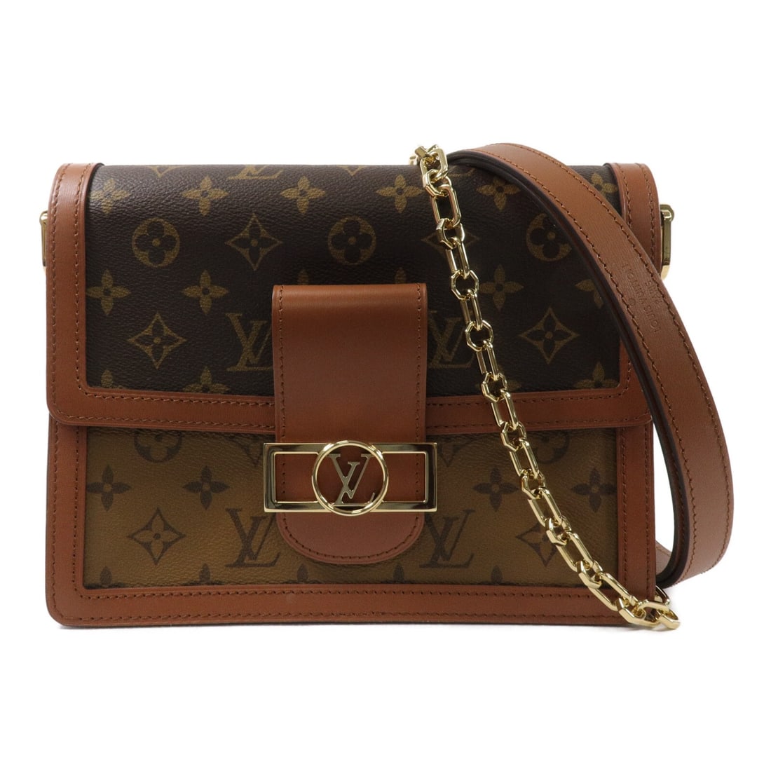 Louis Vuitton Dauphine MM Monogram Reverse Shoulder Bag M45958: Louis Vuitton Dauphine MM Monogram Reverse Shoulder Bag M45958 Louis Vuitton Dauphine MM shoulder bag in Monogram Reverse PVC coated canvas with a brown and caramel colorway. This women's bag features