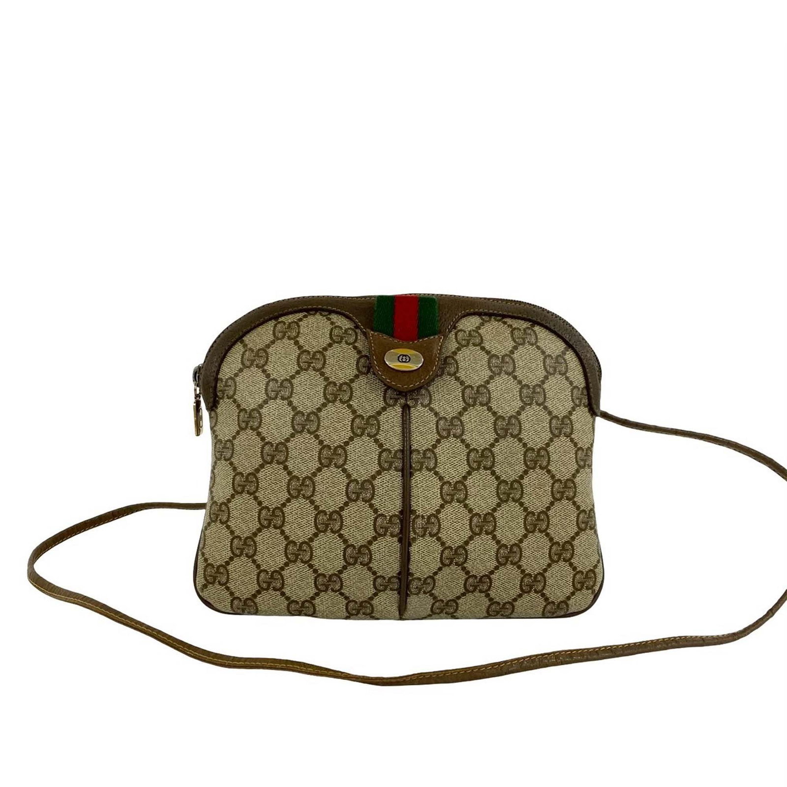 Gucci GG Supreme Web Crossbody Bag Beige Coated Canvas: Gucci GG Supreme Web Crossbody Bag Beige Coated Canvas Gucci GG Supreme Web Crossbody bag crafted with a coated canvas body and leather trim. The design includes a flat leather strap, top zip closure,