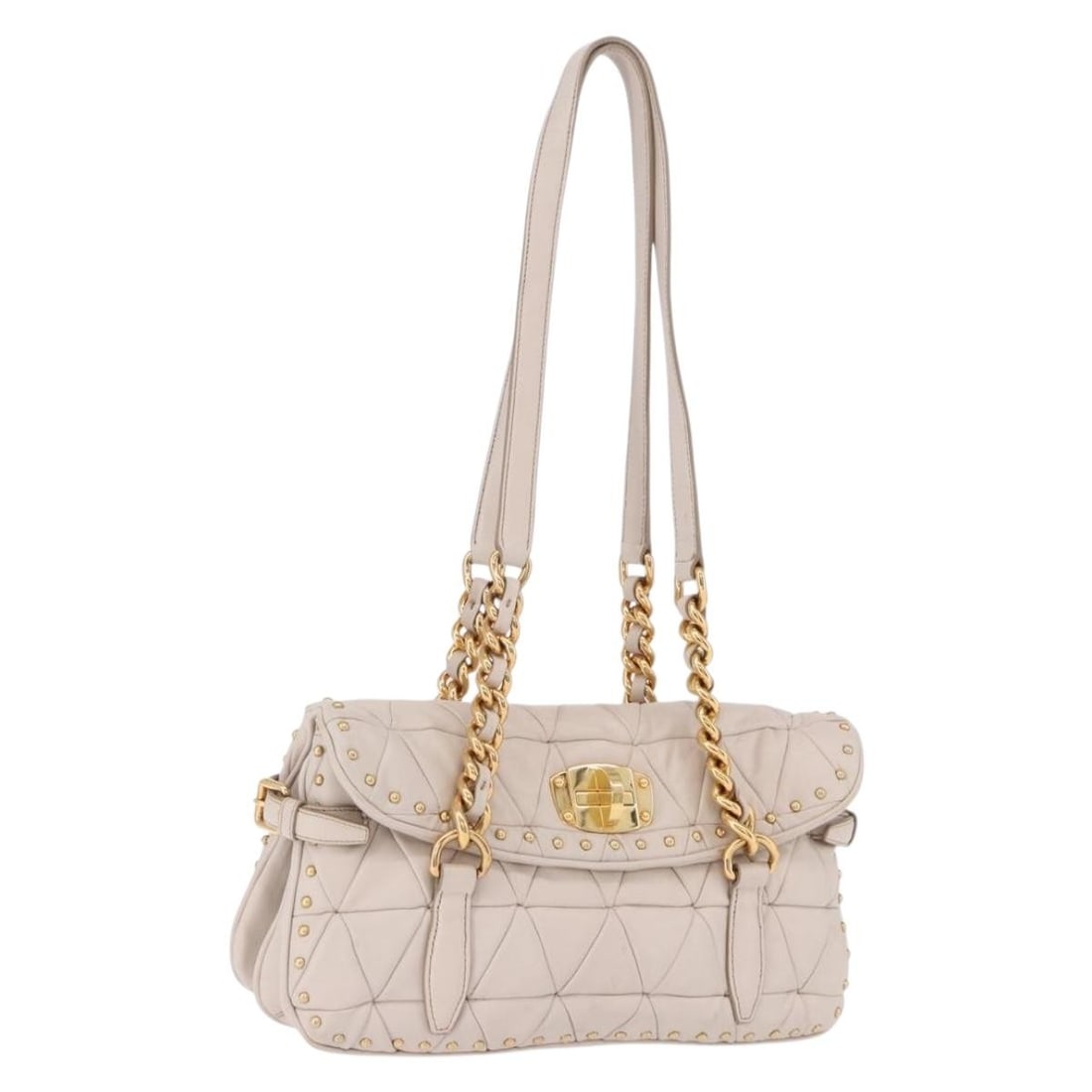 Miu Miu Beige Leather Shoulder Bag with Gold Tone Chain: Miu Miu Beige Leather Shoulder Bag with Gold Tone Chain Miu Miu shoulder bag in beige leather with gold-tone accents. This women's bag is made in Italy and features a chain shoulder strap. It is sold 