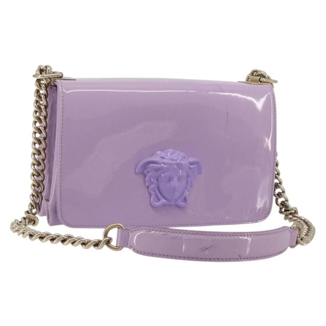 VERSACE Medusa Shoulder Bag Purple Enamel Gold Tone Chain: VERSACE Medusa Shoulder Bag Purple Enamel Gold Tone Chain Versace shoulder bag in purple enamel with gold-tone accents and a Medusa chain design. Made in Italy for women. This pre-owned bag shows heav